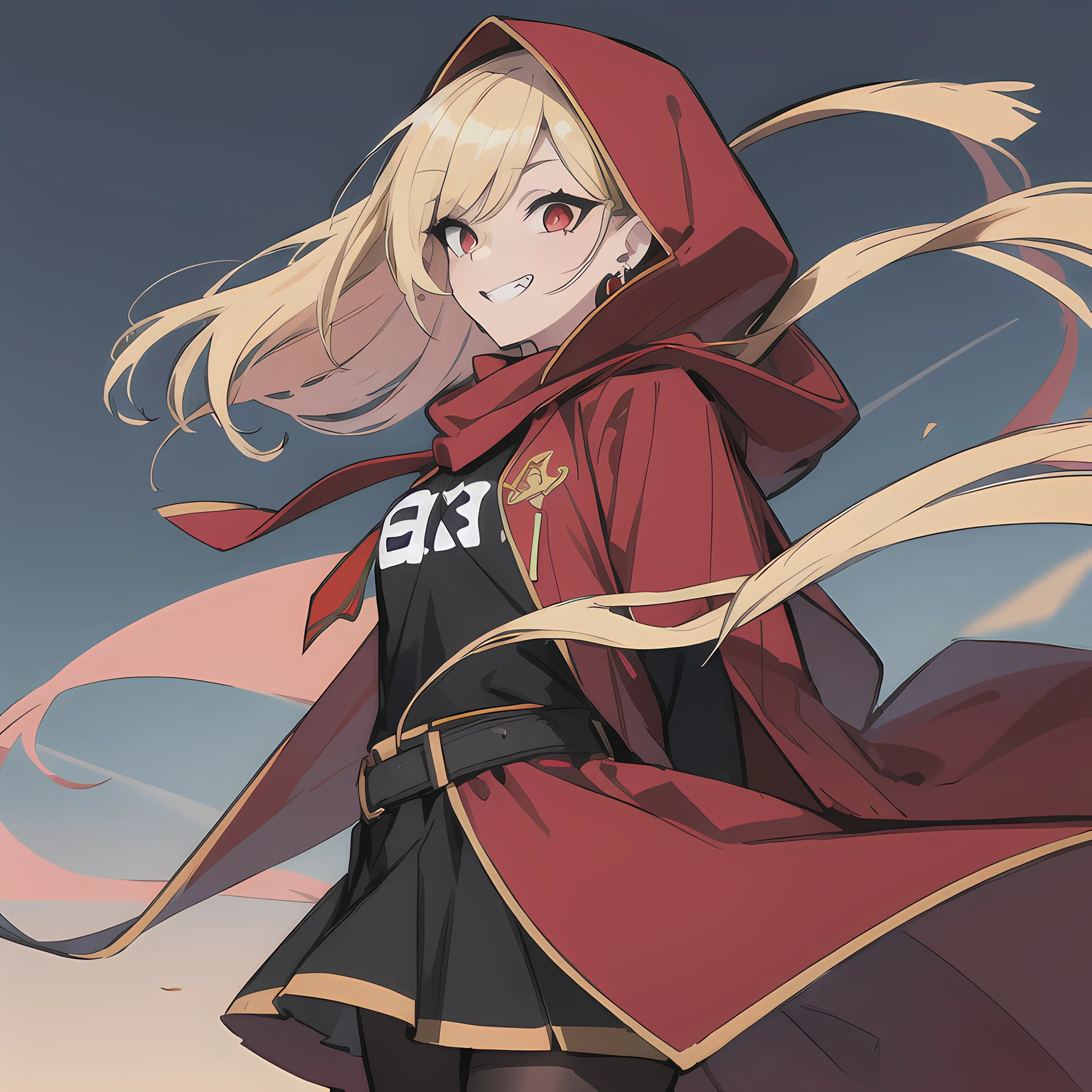 (absurdres, 8k, 4k, masterpiece, hyper extreme detailed:1.2), solo, 1girl, side view, perfect face, 1girl, portrait, looking at viewer, standing, Female, Mature Female, very long hair, 8k uhd, 1girl, cowboy shot, standing, full body, front view, red tie, night sky, pantyhose, red bow, witch, blonde hair, piercings, earrings, detailed eyes, expressive eyes, colorful pupils, white graphic t-shirt, red and black skirt, fang tooth, red eyes, earrings, hands behind back, flat chest, looking forward, forward view, messy hair, wind, windy, moving hair, moving clothes, swept bangs, mature body, gyaru, cloak, looking forward, fang, toothy grin, cloak, hood, looking forward, fang, adult, short, wearing hood over head, covered hair, hooded, scarf, gloves, belt,