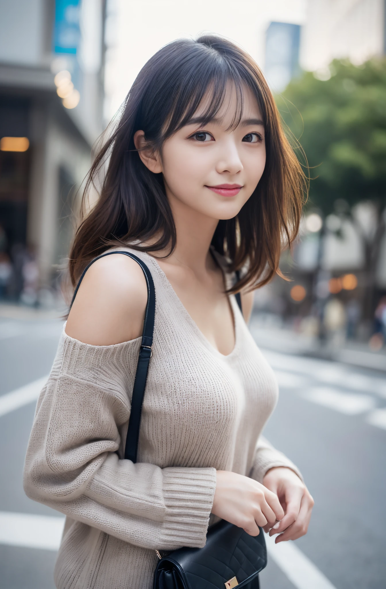 (Colossal tits、Gray knitwear、Shoulder bag)、(top-quality,​masterpiece:1.3,超A high resolution,),(ultra-detailliert,Caustics),(Photorealsitic:1.4,RAW shooting,)Ultra-realistic capture,A highly detailed,high-definition16Kfor human skin、 Skin texture is natural、、The skin looks healthy with an even tone、 Use natural light and color,Woman in her 30s,japanes,,kawaii,A dark-haired,Middle hair,(depth of fields:1.3、chromatic abberation、、Wide range of lighting、Natural Shading、)、(Hair swaying in the wind:1.2)、（Bewitching smile:1.2）,（appointment:1.2）、 Streets of Tokyo
