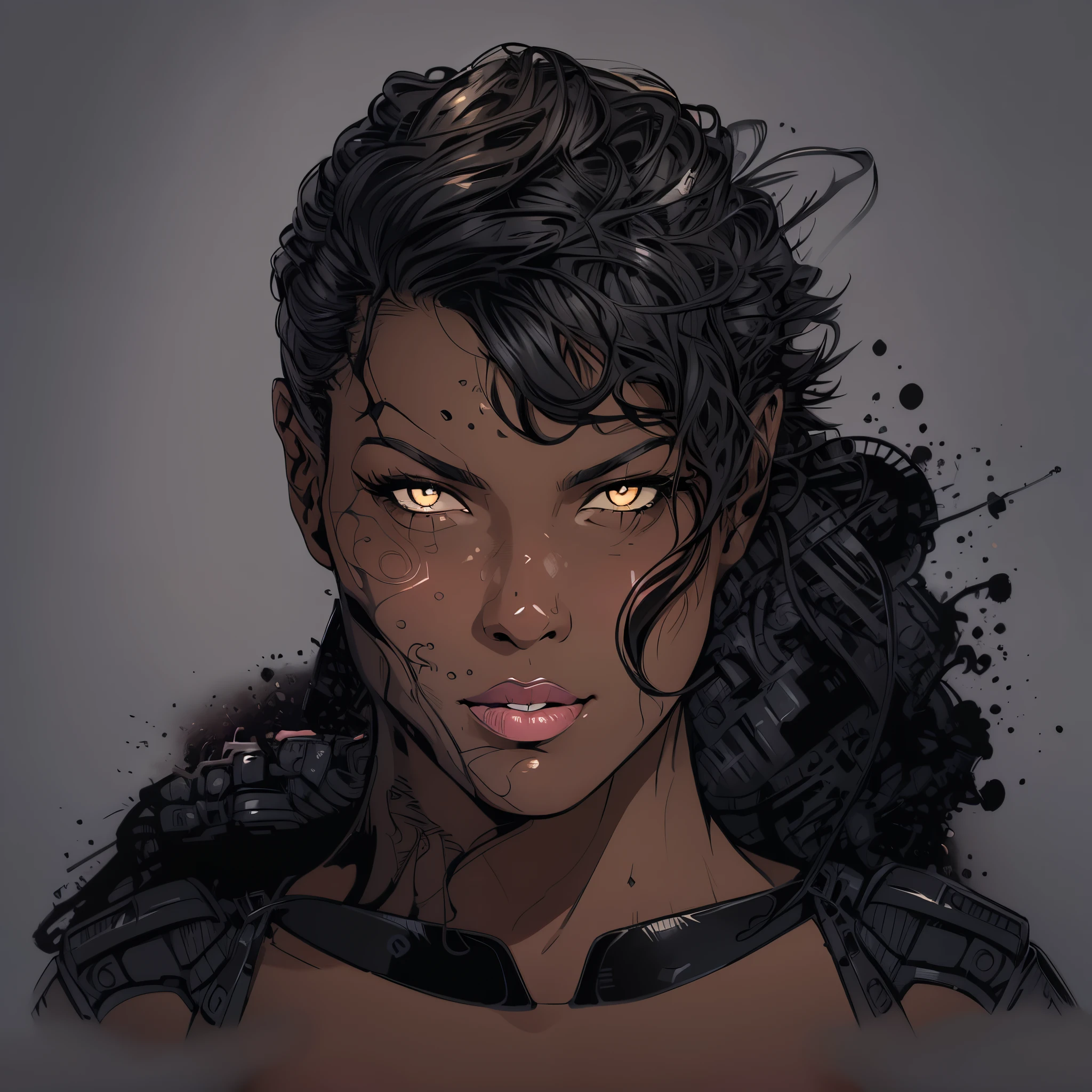 Black girl with very wavy curly hair curly hair curly hair curly hair with various curly big black, sorrindo e com fantasia de mulher gato do batman, em 2d, with gray background wearing catwoman's outfit in catwoman's eyes all black outfit all black mouth outfit with lip gloss FRONT FACE FRONT FRONT POSITION