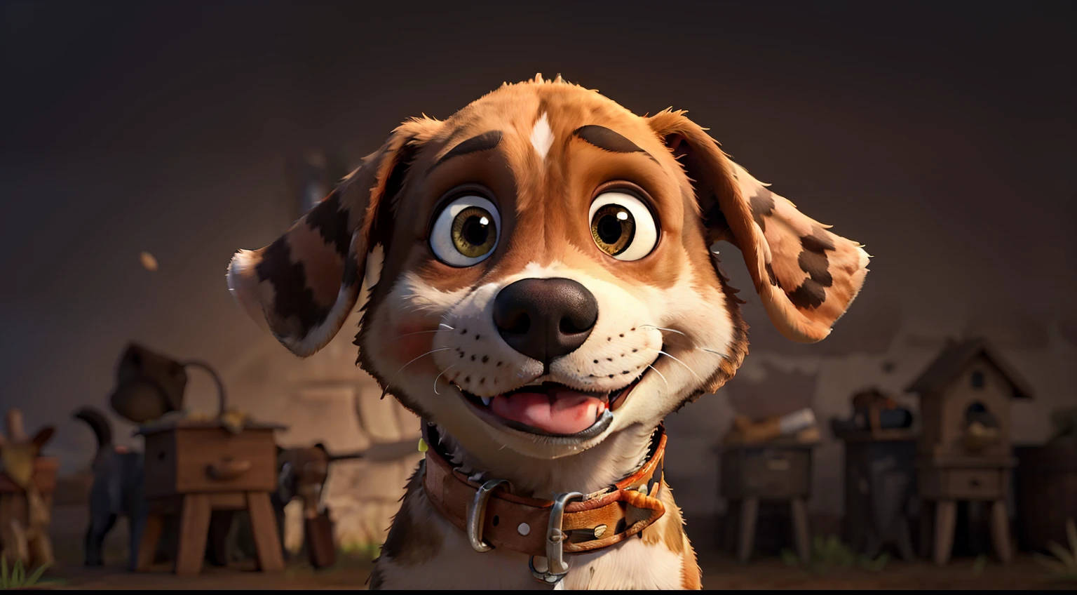 Hunting dog, medium-sized, spotted, illuminated face, lively eyes, collar.