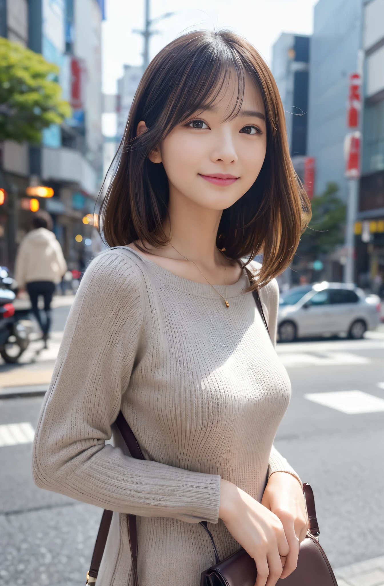 (Colossal tits、Grey knitwear、Shoulder bag)、(top-quality,masterpiece:1.3,超A high resolution,),(ultra-detailliert,Caustics),(Photorealsitic:1.4,RAW shooting,)Ultra-realistic capture,A highly detailed,high-definition16Kfor human skin、 Skin texture is natural、、The skin looks healthy with an even tone、 Use natural light and color,Woman in her 30s,japanes,,kawaii,A dark-haired,Middle hair,(depth of fields:1.3、chromatic abberation、、Wide range of lighting、Natural Shading、)、(Hair swaying in the wind:1.2)、(Bewitching smile:1.2),(appointment:1.2)、 Streets of Tokyo