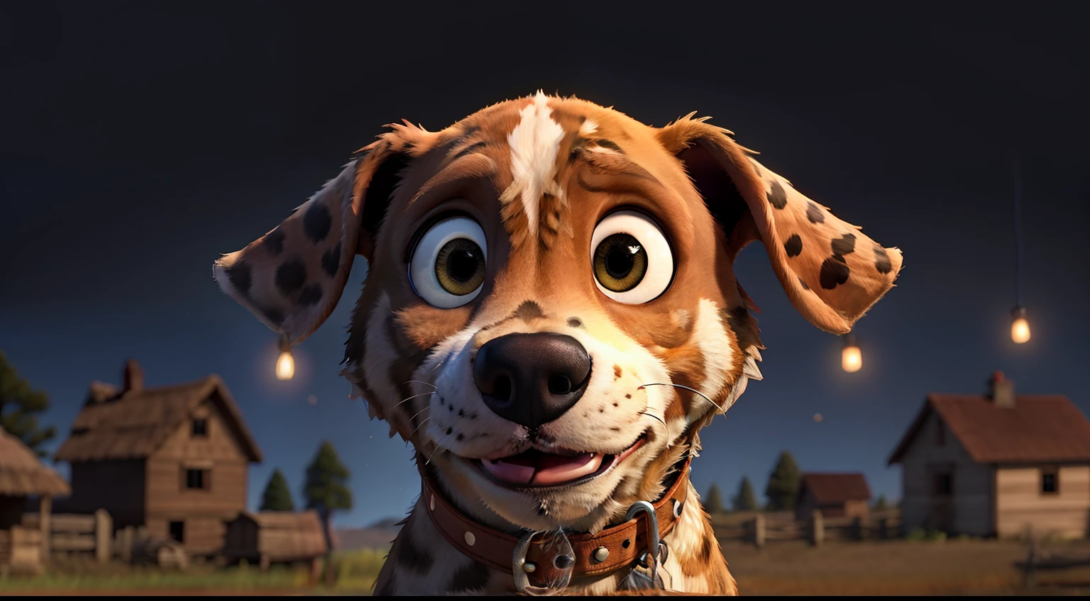 Hunting dog, medium-sized, spotted, illuminated face, lively eyes, collar.