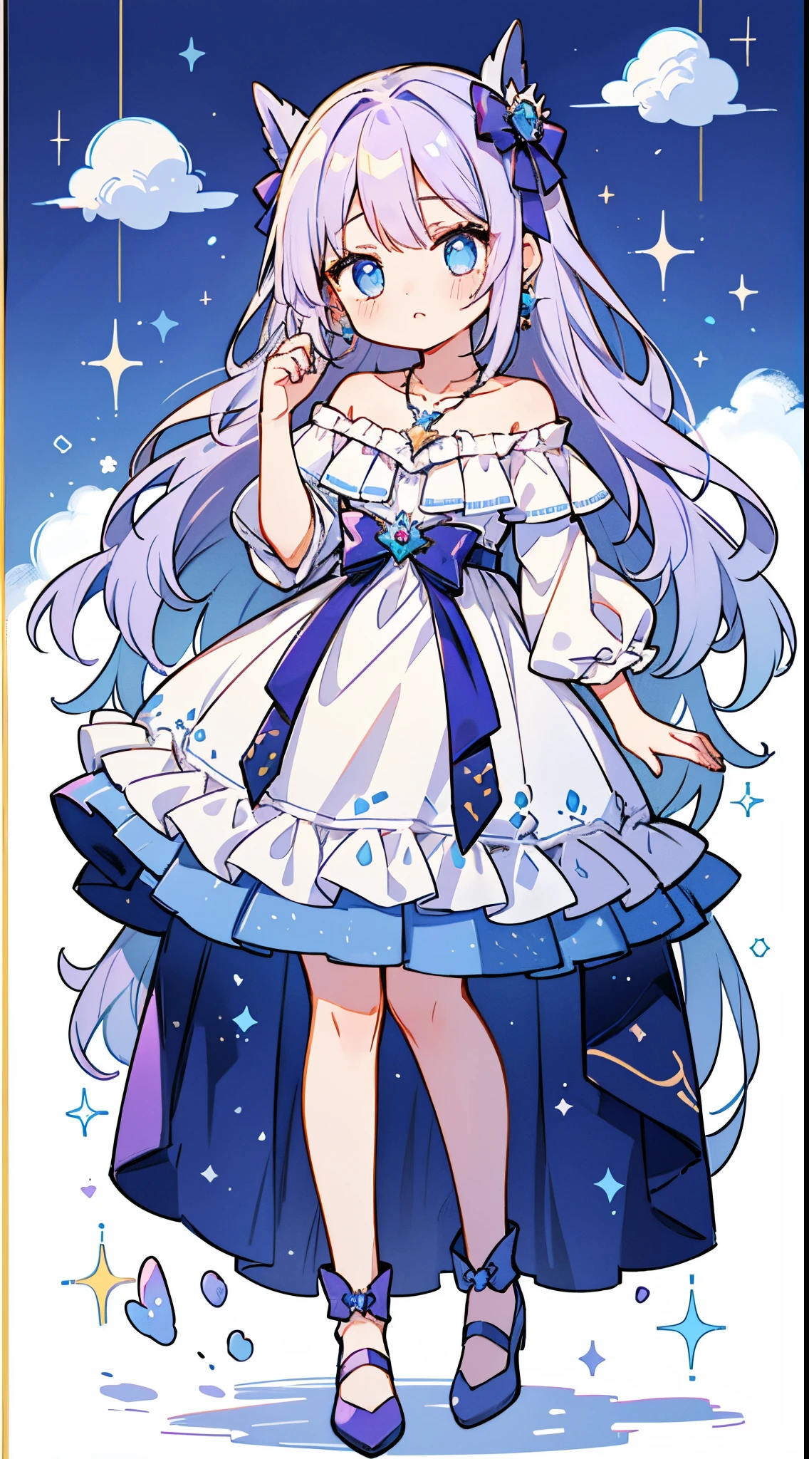 1 girl in, ((full bodyesbian、Standing picture)), Beautiful girl Light purple to light blue gradation Natural perm Long hair Fluffy hair Light blue eyes Light purple off-the-shoulder dress Earrings with purple jewels、Cute necklace riding on a cloud , high-level image quality, hightquality, Masterpiece