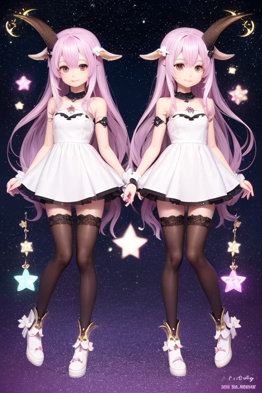 (Same character, front, side, back), (full body); 3d; cute; 3d toy art; toy art; anime style; glitter; horoscope sign Capricornus;  Goat details; ♑ symbol
