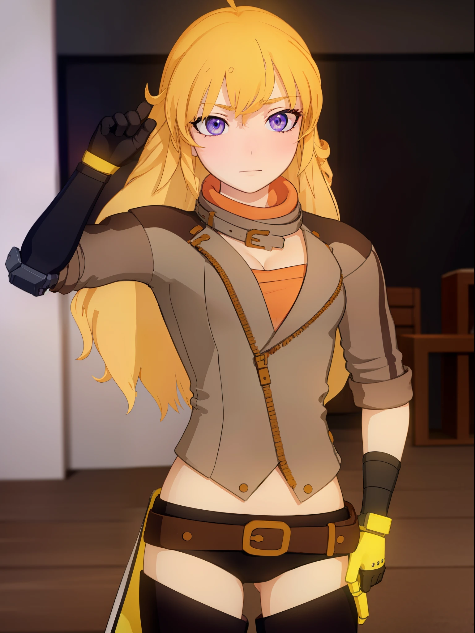 yangxiaolong, yang xiao long, long hair, blonde hair, (purple eyes:1.1), ahoge, bangs,
BREAK cleavage, jacket, belt, mechanical arms, single mechanical arm, prosthesis, prosthetic arm,
BREAK outdoors,
BREAK looking at viewer, (cowboy shot:1.5),
BREAK (masterpiece:1.2), best quality, high resolution, unity 8k wallpaper, (illustration:0.8), (beautiful detailed eyes:1.6), extremely detailed face, perfect lighting, extremely detailed CG, (perfect hands, perfect anatomy),