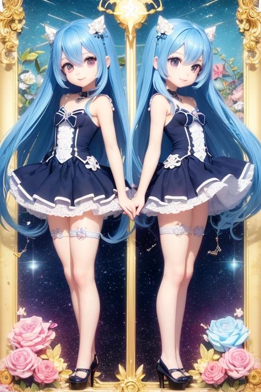 (Same character, front, side, back), (full body); 3d; cute; 3d toy art; toy art; anime style; glitter; horoscope sign Aquarius; Water Bearer details; ♒ symbol