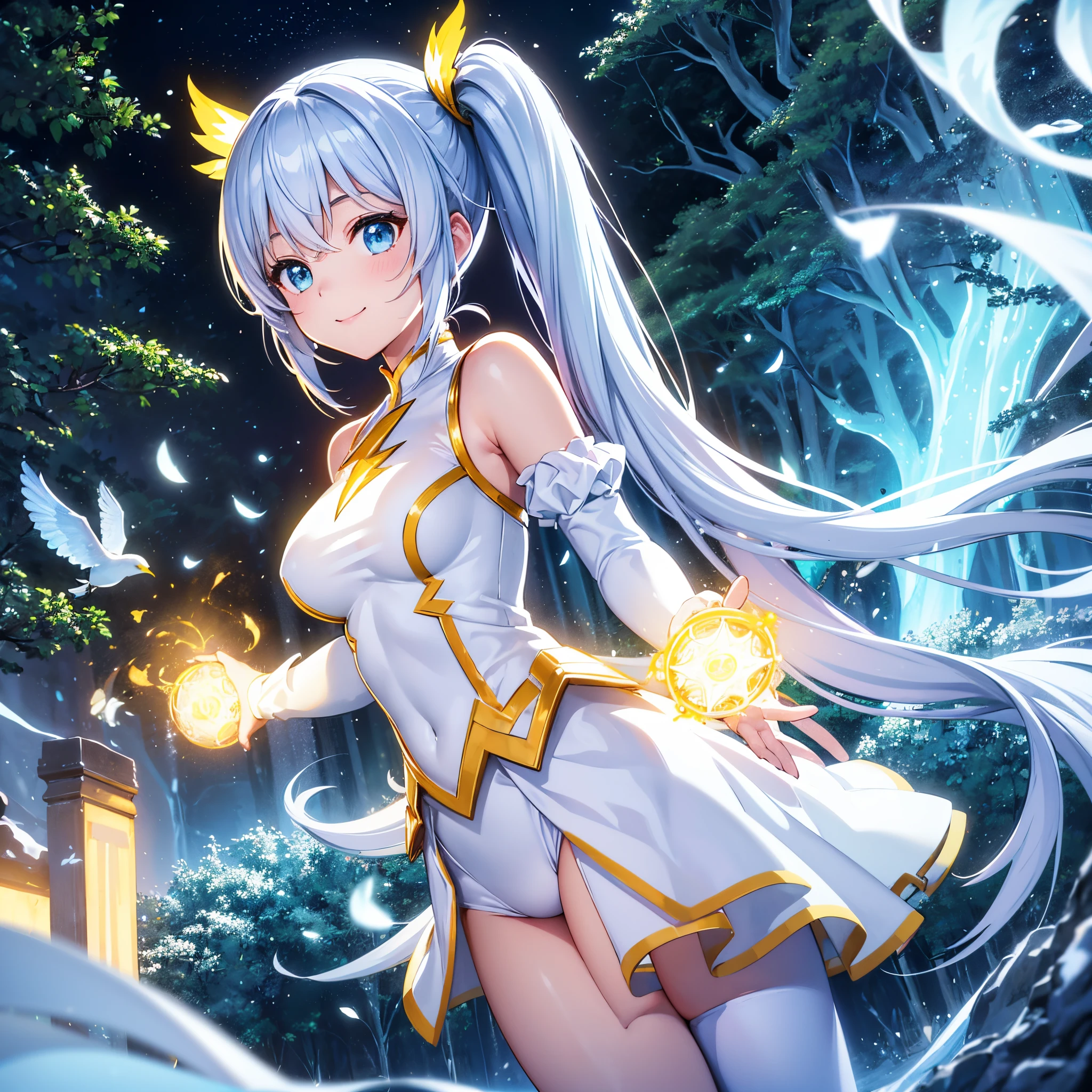 ((ultra-detailliert)), ((Best Illustration)), ((Movie Lighting)), Dynamic Angle, floating, Fine, (The Flash: 1.2), (shine: 1.2), (shine: 1.2), "(Best Quality), Super detailed depiction of a beautiful girl, adorable smiling、White and yellow costume、Light blue long hair、Hairstyle is Twintails、 In the colorful forest、Surrounded by snow-white owls and vivid vegetation.", Cinematic, Refreshing, essence, Rim Lights, Scattering