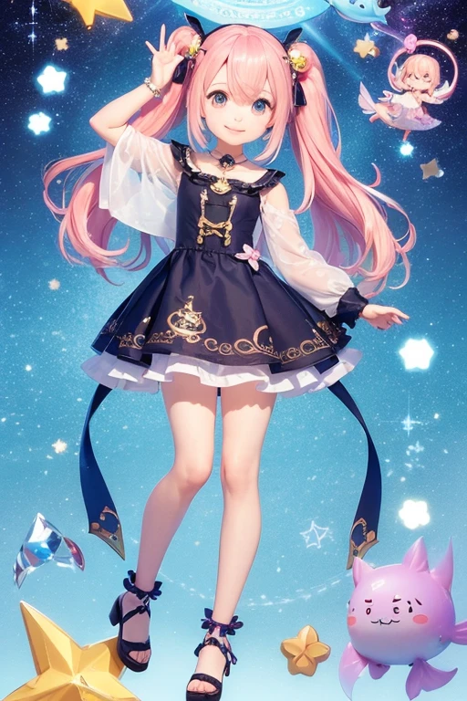 (Same character, front, side, back), (full body); 3d; cute; 3d toy art; toy art; anime style; glitter; horoscope sign Pisces; Fish details; ♓ symbol