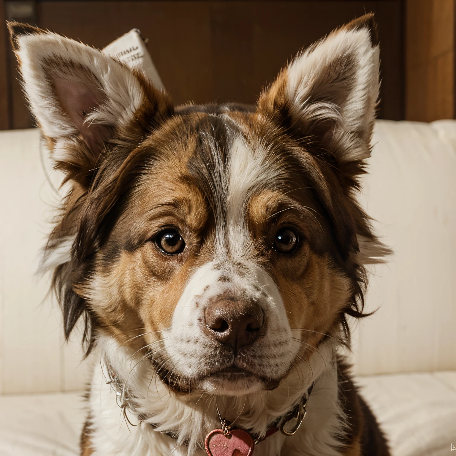 3d drawing of a furry stray dog with border collie-like features, com orelhas levantadas pontudas para cima.
Close-up of his caramel head with snout and white heart-shaped spot on his head.
Hairy sides of heads
