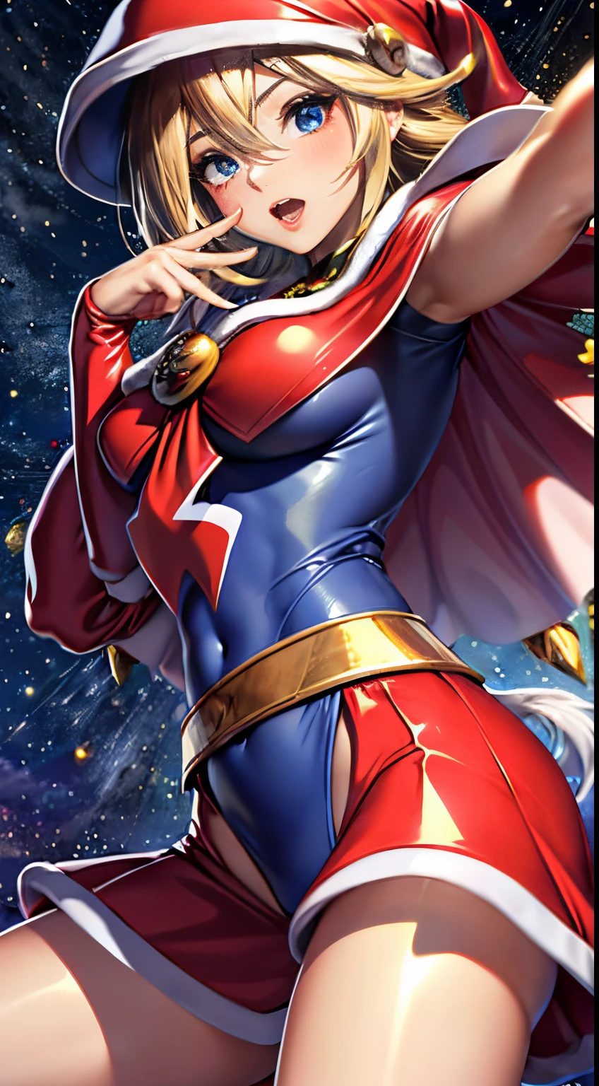 mejor calidad，tmasterpiece，ultimate resolution，Suave，extremadamente colorido，De color，dark magician gils，(Dressed in the translucent Santa Claus suit:1.4)，Medias de tirantes negras，Starrysky Android!,More detailed 8K.motor irreal:1.4,UHD,La mejor calidad:1.4, fotorrealista:1.4, textura de la piel:1.4, obra maestra:1.8,obra-prima, mejor calidad,objeto Objeto], (detailed face features:1.3),(dentro de un gimnasio azul:1.4),(cabello rubio largo:1.4),（Beautiful and detailed eye description）,(manos:1.4), (mostrandosupanties:1.4), ojos azules. Labios rojos. Cabello rubio. Fondo de nieves. Pose sejustiva y sensual