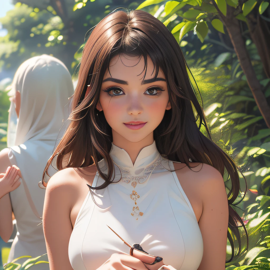 (Extremely detailed 8k wallpaper:2), (photo:2), (soigne Beautiful girl:2), (gives a lecture to friends:2), detailed (Face and eyes), (hyper realistic:1), (highly detailed:1), (epic realistic:1), rim light, (maximum details:1), cozy, (fullbody:1.3), (looking at viewer:2), (Woman's Attractive Qualities:2), (Attractive Woman:2), (Attractive:2), Smile, Intelligence, Empathy, Gracefulness, Sense of Style, Fitness, Grooming, Optimism, (Sensitivity:2), Sincerity, Romantic Gestures, Playfulness, Fashion Sense, (Sensuality:2), Charm, Modesty, Thoughtfulness, (Femininity:1), Flirtatiousness, Warmth, (Physical attractiveness:2), A beautiful smile, A love of life, strength and power, vulnerability, curiosity, wonder, love, (nature background:2), kawaii, waifu, Beautiful breasts, (attractive body:2), (Beautiful body:2), Beautiful pose, attractive pose, (Beautiful legs:1.0), (spread legs:1.0), (Beautiful clothes:1), (classic clothes:2), (elegant clothes:2), (European clothes:2), detailed clothes, (skirt:1), (blouse:1), (provocative pose)