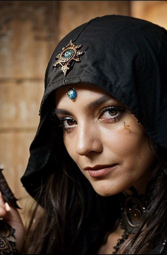 100 year old woman with a cape on her head 、olho, estilo de fantasia steampunk, Shaman, bruxa, detailed hand depiction、fundo noite estrelada, estilo desenho realista