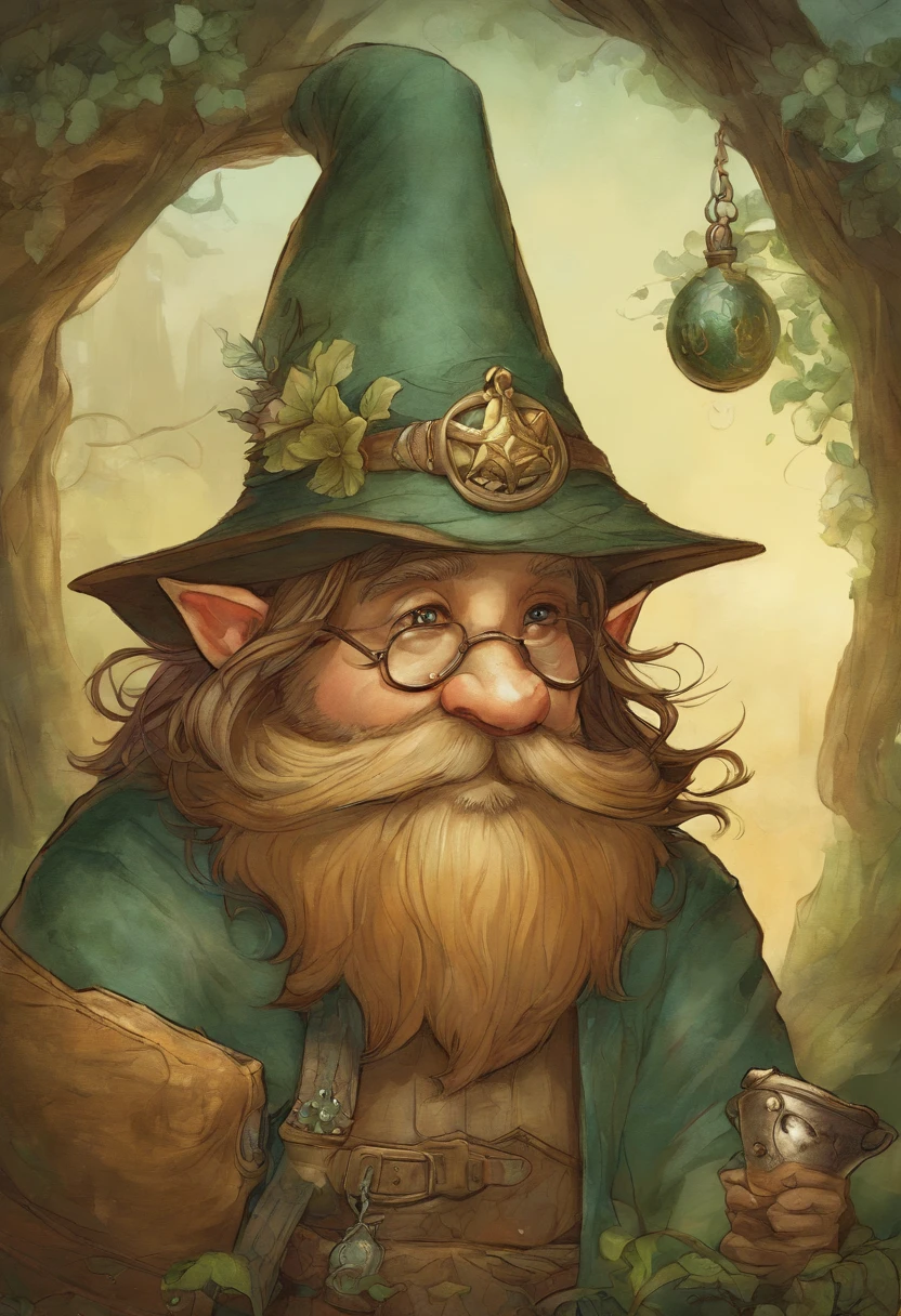 a close up of a cartoon gnome with a hat and a bag, concept art by Tony DiTerlizzi, Artstation contest winner, lowbrow, brian froud juan gimenez, portrait of a gnome called eldon, jean - baptiste monge, brian froud style, monge jean-baptiste monge, jean baptiste monge
