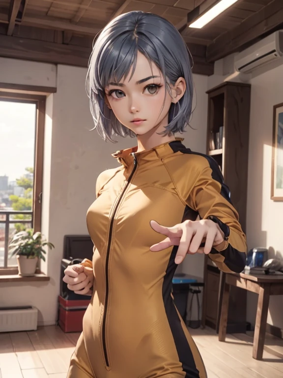 (masterpiece), (best quality), high resolution, ultra detail, photorealistic, 8K, intricate face, detailed body, detailed face, beautiful, 
BREAK
(1girl, Beautiful girl, middle breasts, narrow waist, athletic body), (short blue hair, parted bangs, grey eyes, thick lips)
BREAK
bruceleejumpsuit, striking an action pose, fighting pose, wooden house, indoor