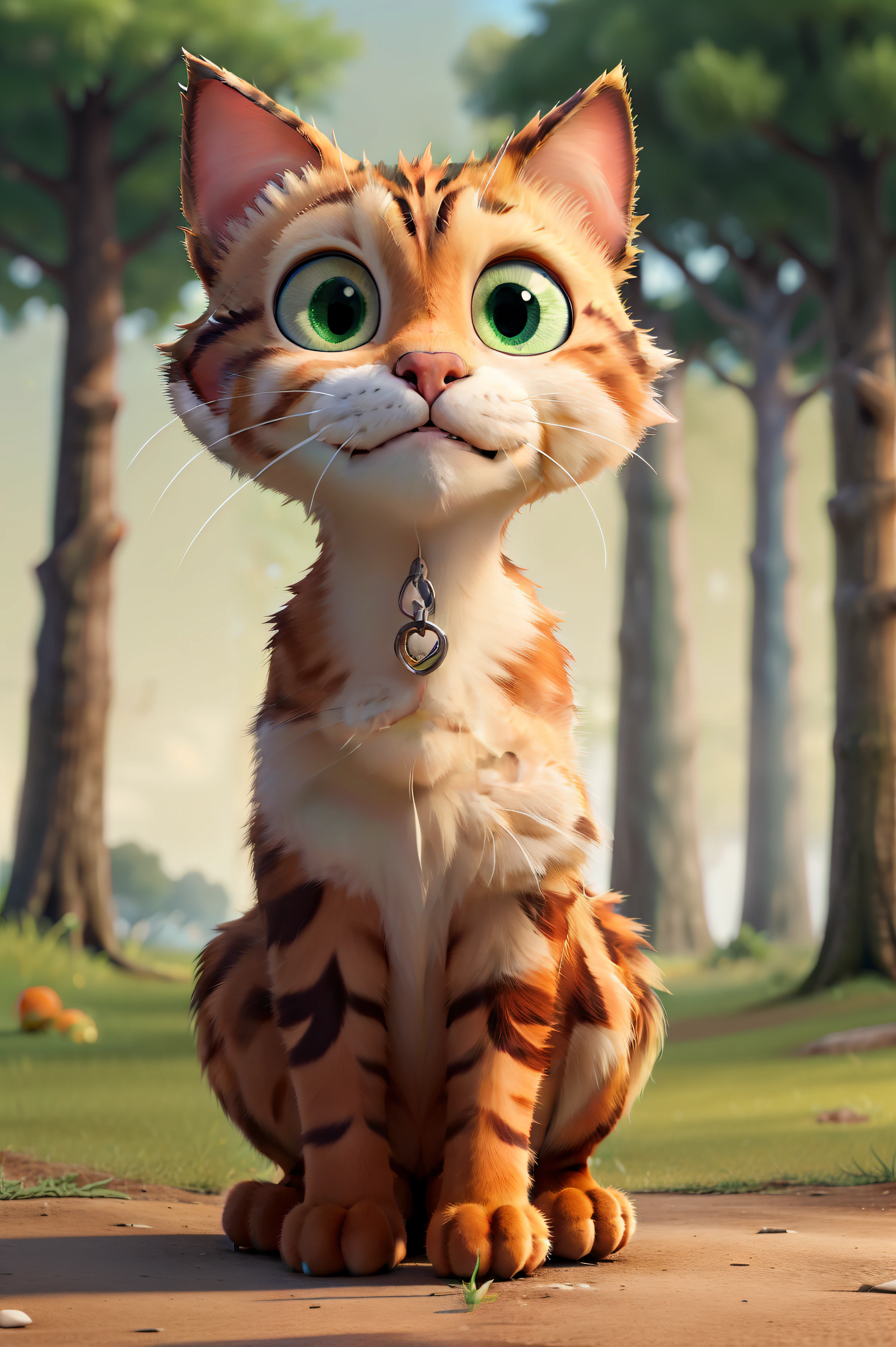 Cat, mangy, orange, green eyes, illuminated face, 4 paws, long whiskers seen from the side, with trees in the background, walking,