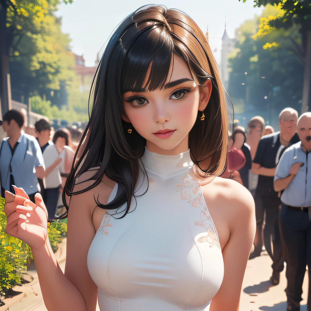 (Extremely detailed 8k wallpaper:2), (photo:2), (26 years old soigne Beautiful girl:2), (gives a lecture to friends:2), detailed (Face and eyes), (hyper realistic:1), (highly detailed:1), (epic realistic:1), rim light, (maximum details:1), cozy, (fullbody:1.3), (looking at viewer:2), (Woman's Attractive Qualities:2), (Attractive Woman:2), (Attractive:2), Smile, Intelligence, Empathy, Gracefulness, Sense of Style, Fitness, Grooming, Optimism, (Sensitivity:2), Sincerity, Romantic Gestures, Playfulness, Fashion Sense, (Sensuality:2), Charm, Modesty, Thoughtfulness, (Femininity:1), Flirtatiousness, Warmth, (Physical attractiveness:2), A beautiful smile, A love of life, strength and power, vulnerability, curiosity, wonder, love, (nature background:2), kawaii, waifu, Beautiful breasts, (attractive body:2), (Beautiful body:2), Beautiful pose, attractive pose, (Beautiful legs:1.0), (Beautiful clothes:1), (classic clothes:2), (elegant clothes:2), (European clothes:2), detailed clothes, (skirt:1), (blouse:1), (provocative pose)
