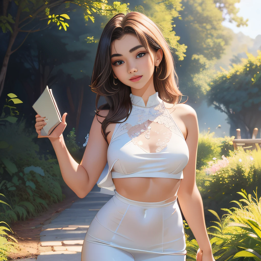 (Extremely detailed 8k wallpaper:2), (photo:2), (soigne Beautiful girl:2), (gives a lecture to friends:2), detailed (Face and eyes), (hyper realistic:1), (highly detailed:1), (epic realistic:1), rim light, (maximum details:1), cozy, (fullbody:1.3), (looking at viewer:2), (Woman's Attractive Qualities:2), (Attractive Woman:2), (Attractive:2), Smile, Intelligence, Empathy, Gracefulness, Sense of Style, Fitness, Grooming, Optimism, (Sensitivity:2), Sincerity, Romantic Gestures, Playfulness, Fashion Sense, (Sensuality:2), Charm, Modesty, Thoughtfulness, (Femininity:1), Flirtatiousness, Warmth, (Physical attractiveness:2), A beautiful smile, A love of life, strength and power, vulnerability, curiosity, wonder, love, (nature background:2), kawaii, waifu, Beautiful breasts, (attractive body:2), (Beautiful body:2), Beautiful pose, attractive pose, (Beautiful legs:1.0), (spread legs:1.0), (Beautiful clothes:1), (classic clothes:2), (elegant clothes:2), (European clothes:2), detailed clothes, (skirt:1), (blouse:1), (provocative pose)