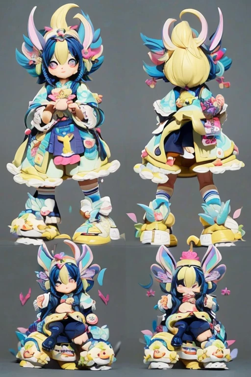 (Same character, front, side, back), (full body); 3d; cute; 3d toy art; anime style; glitter; horoscope sign Aries; Ram details; ♈ symbol;