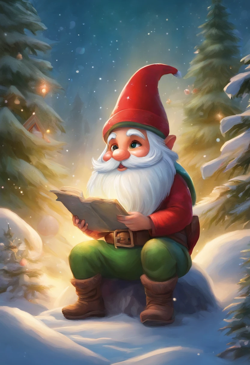 A cartoon Santa's gnome, (best quality, highres, ultra-detailed) with realistic features, vibrant colors, and bokeh effects. The gnome has a long white beard, a pointy red hat with a white pompom, and big, expressive eyes. It is wearing a green jacket with gold trim, a brown belt with a shiny golden buckle, and red pants. The gnome is sitting on a toadstool in a snowy forest, surrounded by tall, green Christmas trees with colorful ornaments. The forest is filled with sparkling lights and the night sky is filled with stars. The gnome is holding a wooden sign that says "Merry Christmas" in cheerful, festive letters. The overall scene has a warm and cozy atmosphere, with soft, diffused lighting enhancing the magical feel.