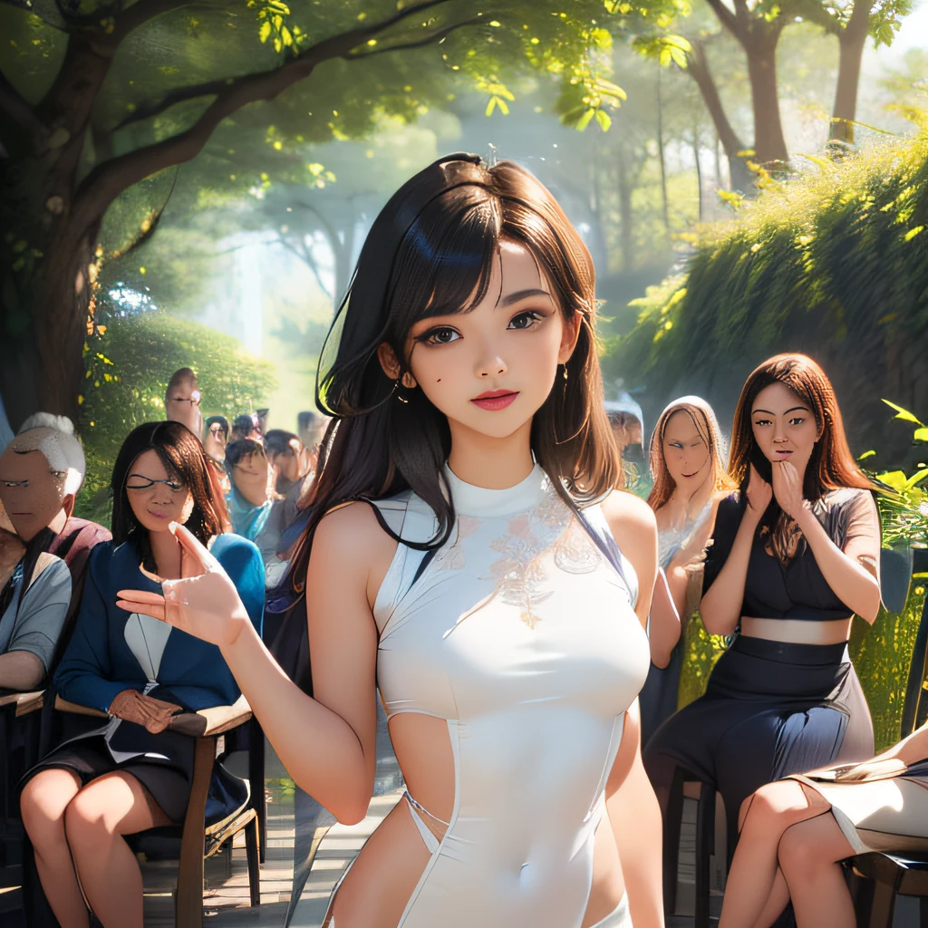 (Extremely detailed 8k wallpaper:2), (photo:2), (soigne Beautiful girl:2), (gives a lecture to friends:2), detailed (Face and eyes), (hyper realistic:1), (highly detailed:1), (epic realistic:1), rim light, (maximum details:1), cozy, (fullbody:1.3), (looking at viewer:2), (Woman's Attractive Qualities:2), (Attractive Woman:2), (Attractive:2), Smile, Intelligence, Empathy, Gracefulness, Sense of Style, Fitness, Grooming, Optimism, (Sensitivity:2), Sincerity, Romantic Gestures, Playfulness, Fashion Sense, (Sensuality:2), Charm, Modesty, Thoughtfulness, (Femininity:1), Flirtatiousness, Warmth, (Physical attractiveness:2), A beautiful smile, A love of life, strength and power, vulnerability, curiosity, wonder, love, (nature background:2), kawaii, waifu, Beautiful breasts, (attractive body:2), (Beautiful body:2), Beautiful pose, attractive pose, (Beautiful legs:1.0), (spread legs:1.0), (Beautiful clothes:1), (classic clothes:2), (elegant clothes:2), (European clothes:2), detailed clothes, (skirt:1), (blouse:1), (provocative pose)