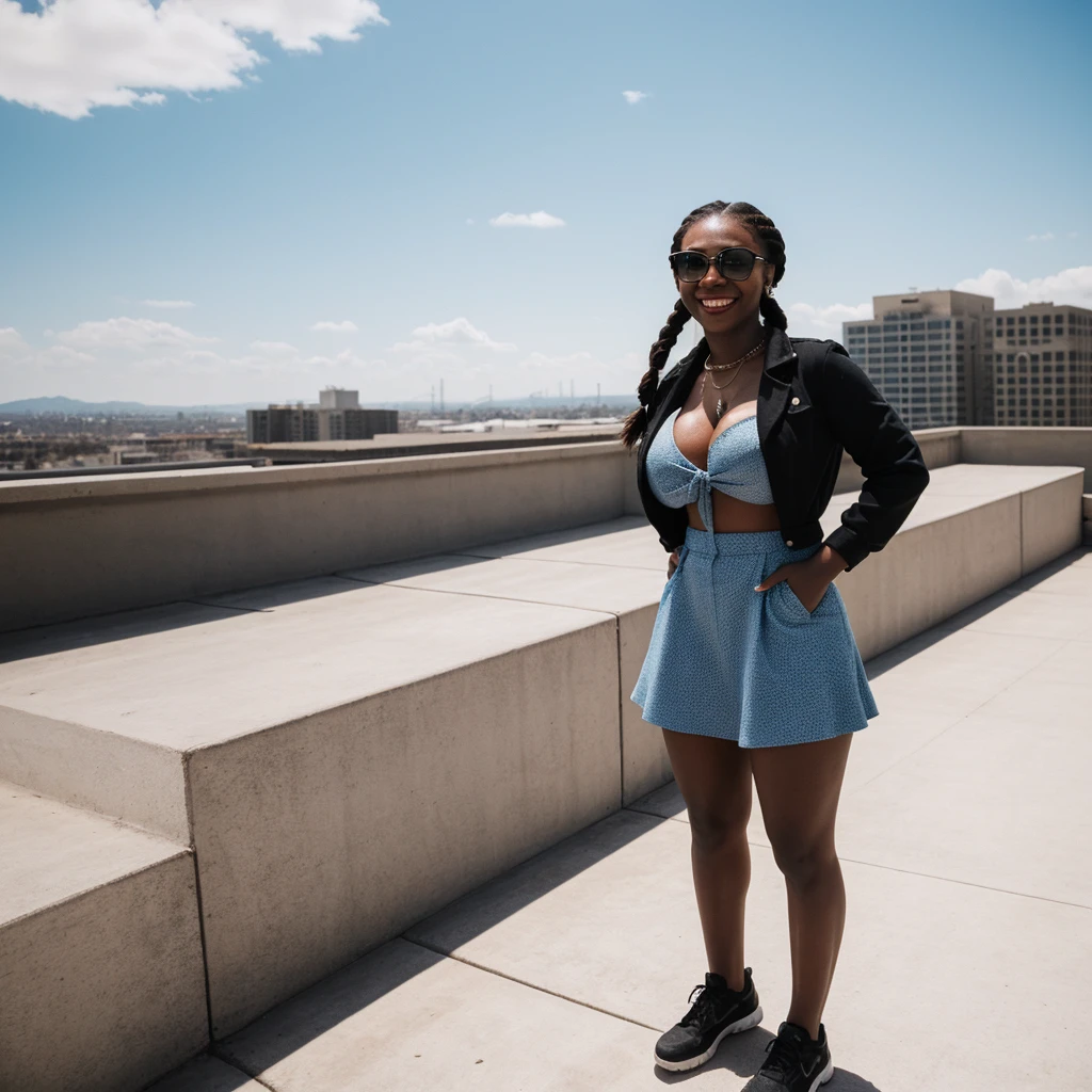 ((full body)) fit busty black woman, standing in wearing hrbkbc1sgv, sharp focus, rooftop background,braided hair,hyperdetailed textures,sunglasses,enamored smile,sunshine,blue sky