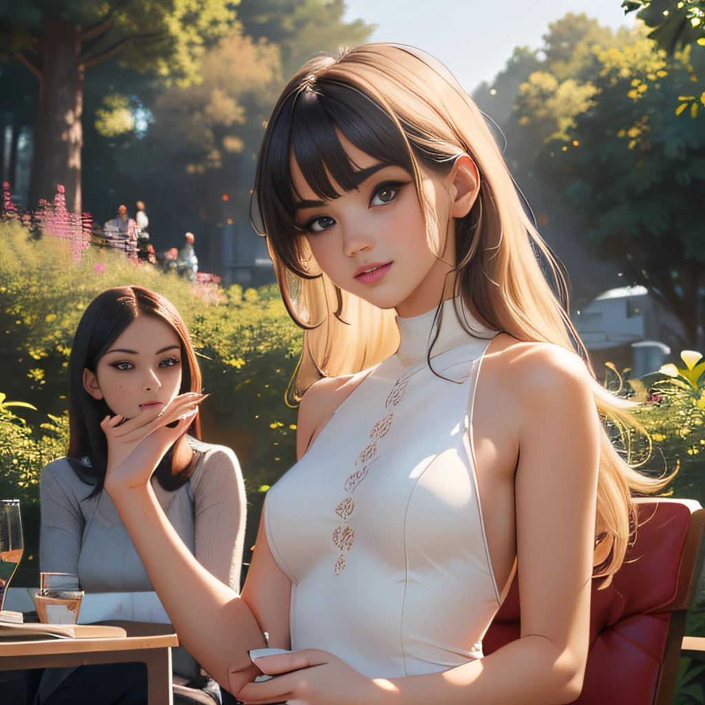 (Extremely detailed 8k wallpaper:2), (photo:2), (soigne Beautiful girl:2), (gives a lecture to friends:2), detailed (Face and eyes), (hyper realistic:1), (highly detailed:1), (epic realistic:1), rim light, (maximum details:1), cozy, (fullbody:1.3), (looking at viewer:2), (Woman's Attractive Qualities:2), (Attractive Woman:2), (Attractive:2), Smile, Intelligence, Empathy, Gracefulness, Sense of Style, Fitness, Grooming, Optimism, (Sensitivity:2), Sincerity, Romantic Gestures, Playfulness, Fashion Sense, (Sensuality:2), Charm, Modesty, Thoughtfulness, (Femininity:1), Flirtatiousness, Warmth, (Physical attractiveness:2), A beautiful smile, A love of life, strength and power, vulnerability, curiosity, wonder, love, (nature background:2), kawaii, waifu, Beautiful breasts, (attractive body:2), (Beautiful body:2), Beautiful pose, attractive pose, (Beautiful legs:1.0), (spread legs:1.0), (Beautiful clothes:1), (classic clothes:2), (elegant clothes:2), (European clothes:2), detailed clothes, (skirt:1), (blouse:1), (provocative pose)