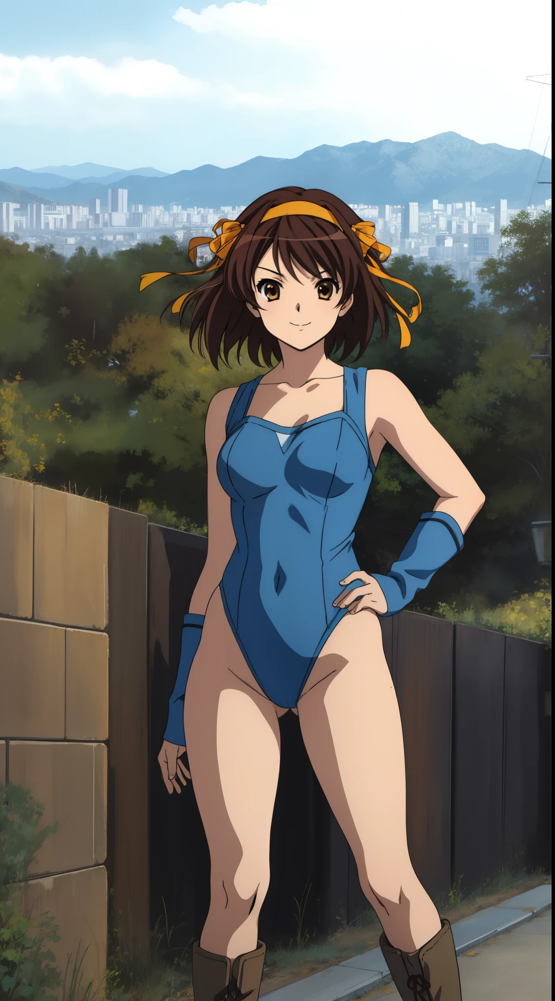 masterpiece, best quality, highres, 1girl, solo, superhero, leotard, blue and white leotard, bare legs, brown hair, short hair, brown eyes, hairband, medium hair, ribbon, boots, matching boots, blue boots, medium breasts, cowboy shot, standing, smile, city backdrop, haruhi suzumiya, kyoani haruhi style, sleeveless, hands on hip,