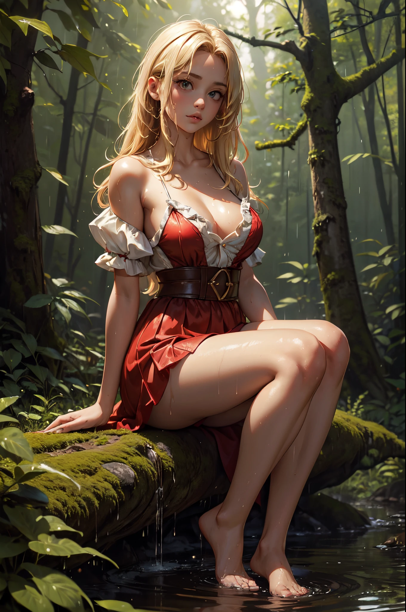 (masterpiece), (best quality), (detailed), light layer, 1solo girl, young girl in the forest in the rain, sexy red colonial dress, perfect body, blonde hair, defined chest, defined collarbone, ultra realistic, photorealistic, detailed, wet clothes, wet_hair, leg holster, all-fours