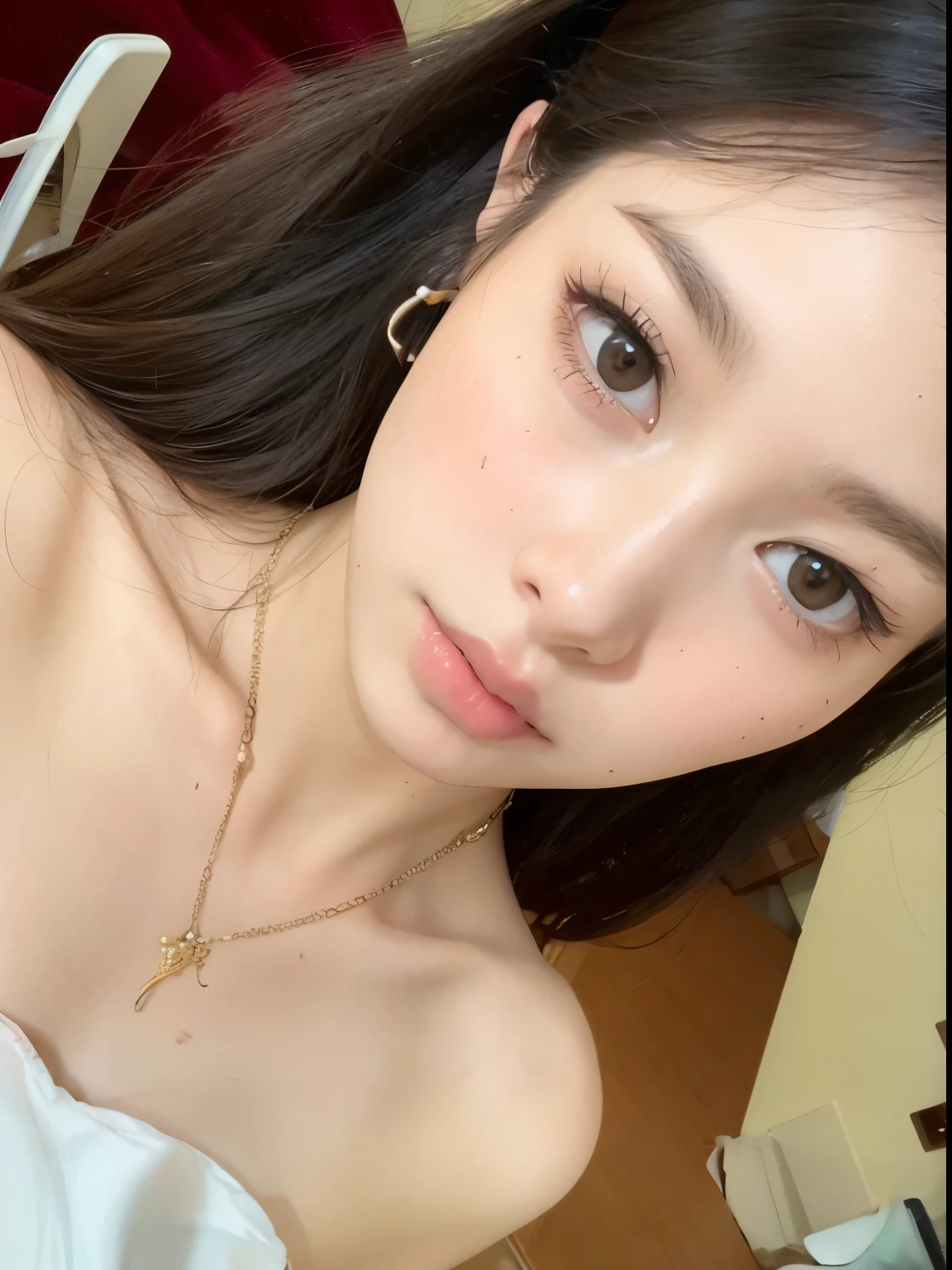 ((best quality, 8k, masterpiece: 1.3)), 1 girl, Slim Abs Beauty: 1.3, ( Casual and cute hairstyle: 1.2), : 1.1, Charming face expression of enjoyment and desire, Detailed eyes, double eyelids, With earrings, bedroom, Concert makeup, ((Medium breasts nude, cute breasts)), (Lying in bed), (The portrait was taken from above her lying body)