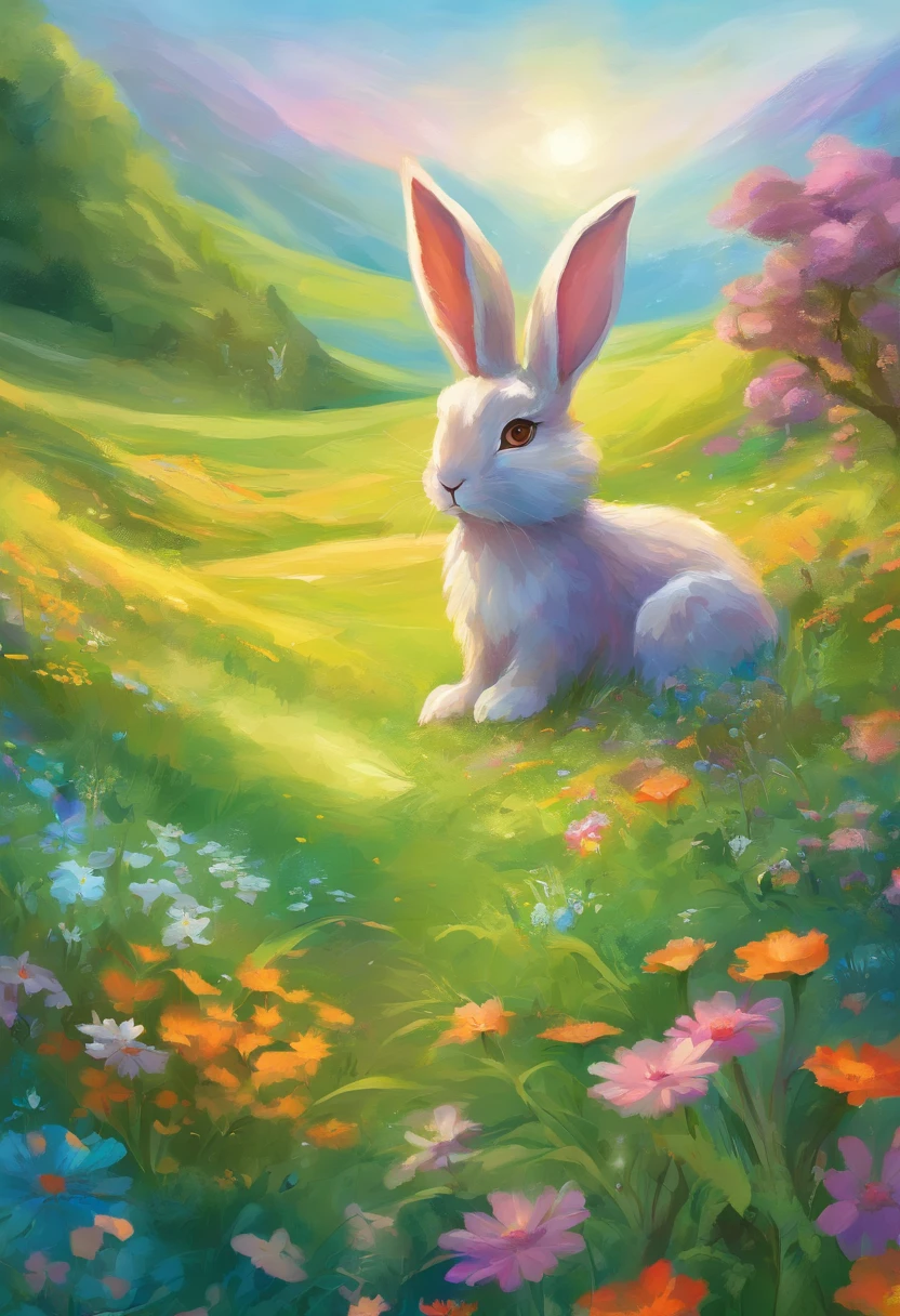 a rabbit-like hill,soft green grass,vibrant wildflowers,rolling hills in the background,butterflies fluttering around,clear blue sky,shimmering rays of sunlight(best quality),detailed fur texture on the hill,whimsical and playful atmosphere,impressionistic painting style,vibrant and colorful palette,faint scent of flowers in the air