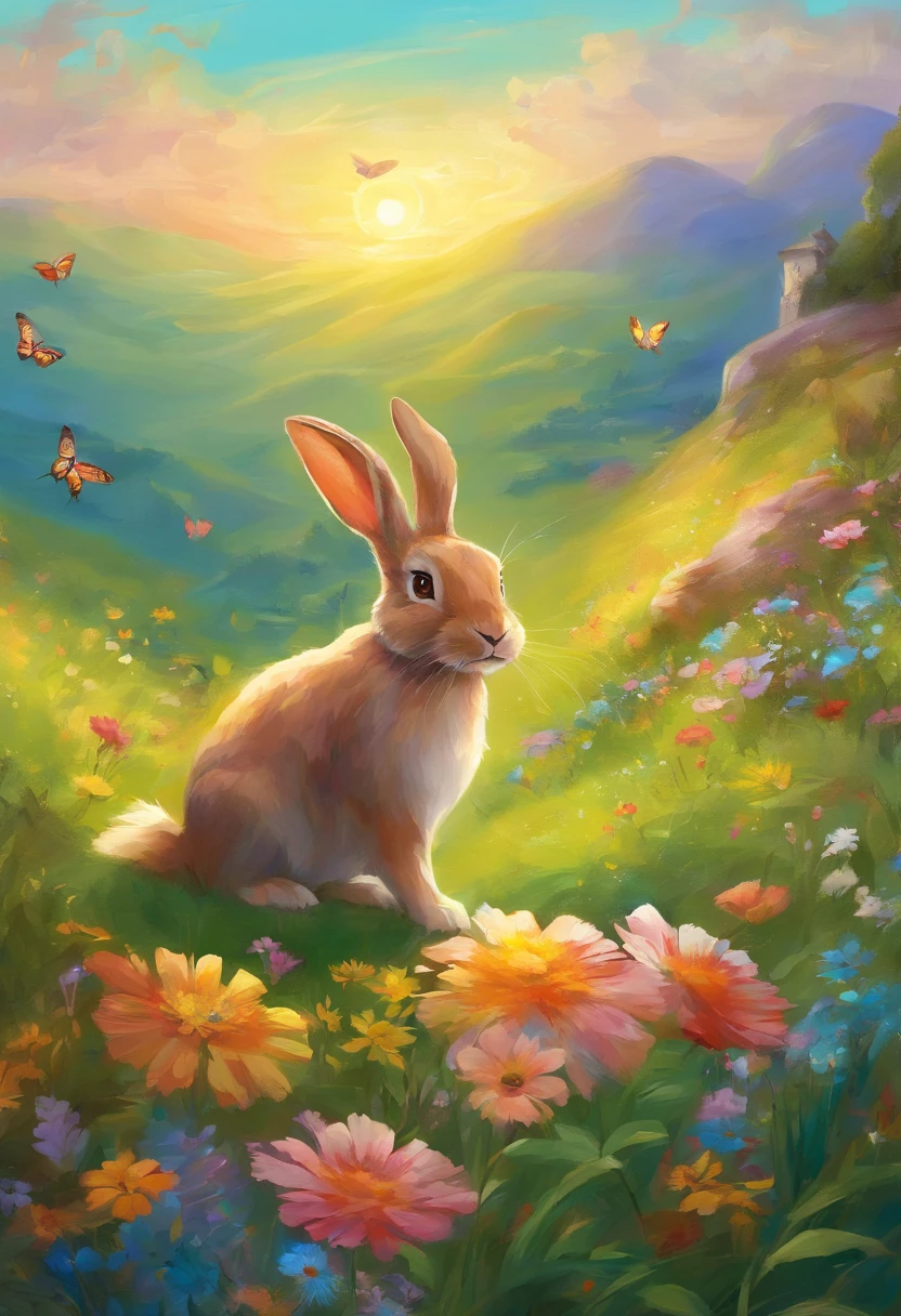 a rabbit-like hill,soft green grass,vibrant wildflowers,rolling hills in the background,butterflies fluttering around,clear blue sky,shimmering rays of sunlight(best quality),detailed fur texture on the hill,whimsical and playful atmosphere,impressionistic painting style,vibrant and colorful palette,faint scent of flowers in the air