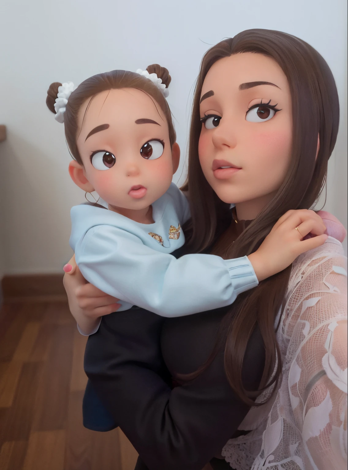 Very pretty brunette mother with long dark brown hair, poniendo "morritos" y posando en selfie, cogiendo en brazos a su hija preciosa rubia, combed with two buns and putting "morritos" also posing