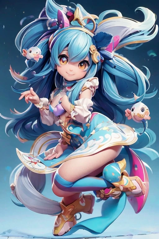 (Same character, front, side, back), (full body); 3d; cute; 3d toy art; toy art; anime style; glitter; horoscope sign Pisces; Fish details; ♓ symbol