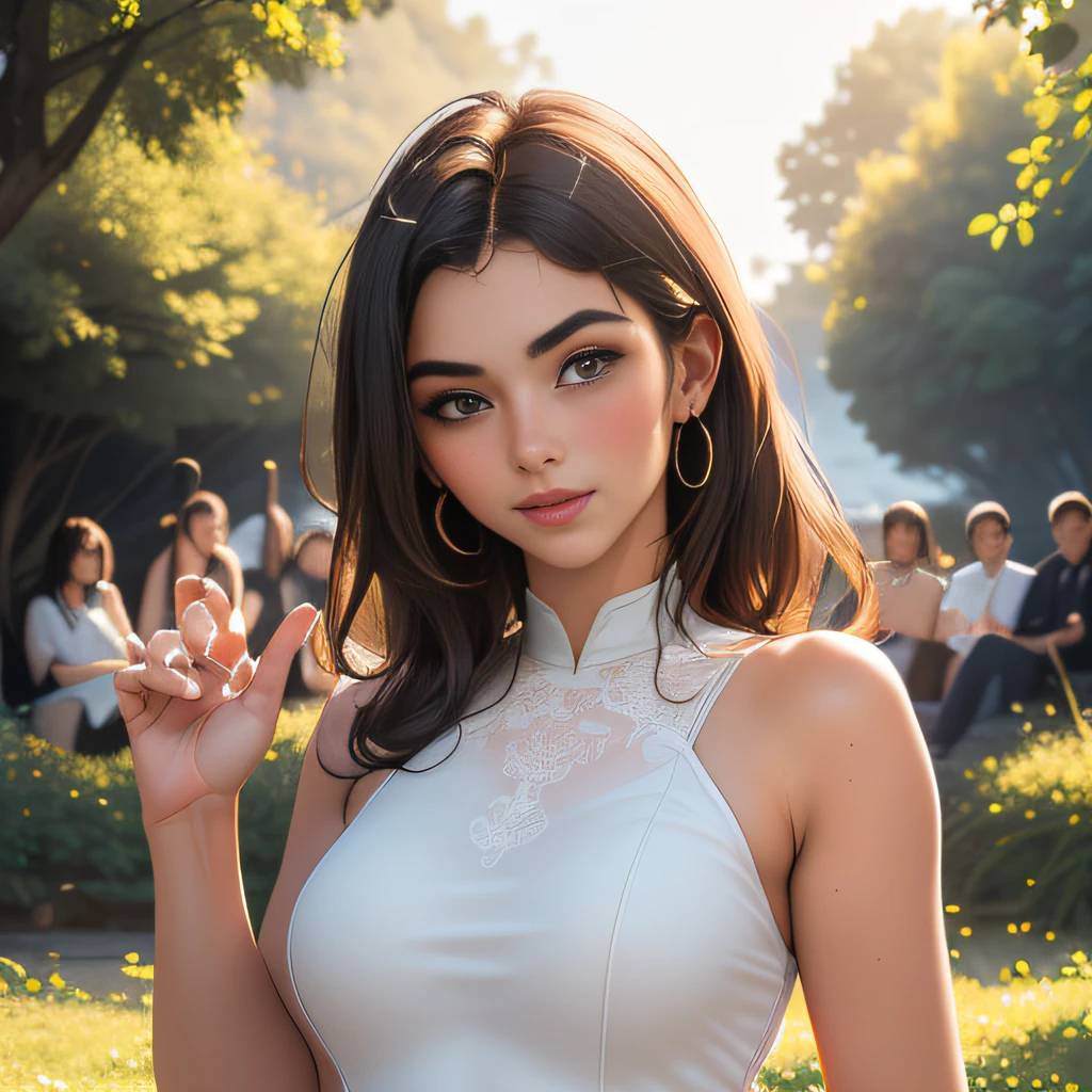 (Extremely detailed 8k wallpaper:2), (photo:2), (soigne Beautiful girl:2), (gives a lecture to friends:2), detailed (Face and eyes), (hyper realistic:1), (highly detailed:1), (epic realistic:1), rim light, (maximum details:1), cozy, (fullbody:1.3), (looking at viewer:2), (Woman's Attractive Qualities:2), (Attractive Woman:2), (Attractive:2), Smile, Intelligence, Empathy, Gracefulness, Sense of Style, Fitness, Grooming, Optimism, (Sensitivity:2), Sincerity, Romantic Gestures, Playfulness, Fashion Sense, (Sensuality:2), Charm, Modesty, Thoughtfulness, (Femininity:1), Flirtatiousness, Warmth, (Physical attractiveness:2), A beautiful smile, A love of life, strength and power, vulnerability, curiosity, wonder, love, (nature background:2), kawaii, waifu, Beautiful breasts, (attractive body:2), (Beautiful body:2), Beautiful pose, attractive pose, (Beautiful legs:1.0), (spread legs:1.0), (Beautiful clothes:1), (classic clothes:2), (elegant clothes:2), (European clothes:2), detailed clothes, (skirt:1), (blouse:1), (provocative pose)