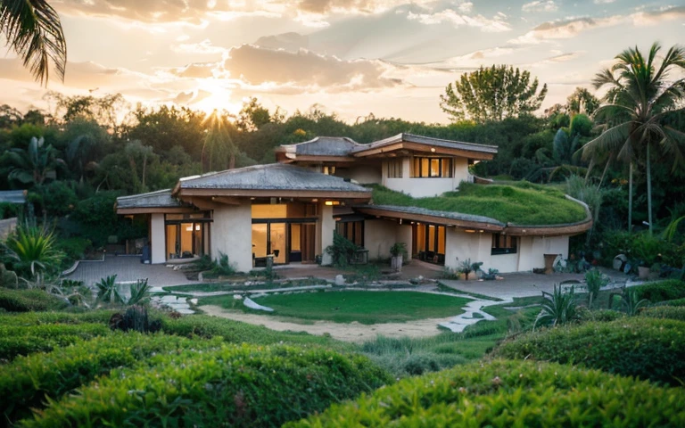 A photograph of a symmetrical contemporary house with (((green roof))) and (((biological pool))) in a tropical backyard, white plaster walls (((rustic clay stucco))), ((corner walls rounded)), ((rustic clay plaster)), (((white walls with rounded corners, organic curves))), (((rustic earth plaster, mud))), (((wave-shaped green roof with wooden edge))), (((wooden roof structure, wooden rake, wooden fascia board))), eaves, porch with wooden pillar, ((roof with wooden structure)), In Bali (((Tropical garden))) , ((natural houses, organic buildings, organic architecture)), Ecovillage, sustainable architecture, Bioconstruction, solarpunk architecture, (((grass roof, green roof, green wave roof, rounded roof, vegetated roofs))), ( (green architecture)), Passive house, (((Rock Foundation))), Clear sky in the background, painful beauty, modern, imposing, green house, ((Bali Hadid Style)), super resolution, cinematic, color grading , editorial photography, photography, photo shoot, (((dramatic front eye top angle view))), O 50mm, depth of field, intricate details, natural colors, sharp focus, warm light, shutter speed 1/1000 , F/22 , White Balance, Ray Trace Reflections, Lumen Reflections, Screen Space Reflections, Diffraction Rating, Chromatic Aberration, GB Shift, Partial Lighting, Backlighting, Daylighting, Scan Lines, ambient occlusion, antialiasing, shaders, OpenGL-Shaders, GLSL-Shaders, Post-processing, post-production, shading, tone mapping, incredibly detailed and complex, hypermaximalist, elegant, hyperrealistic, super detailed, dynamic pose, Fujifilm XT3