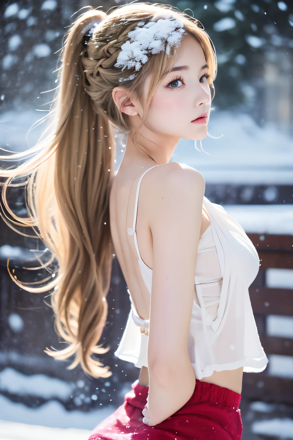 Realistic portraits、European young woman、Ash Blonde Girl、Loosely bundled braid、extremely realistic face、Ultimate Beauty、skinny  body、Snow-like skin、、Attractive butt、Awkward ass、(((White tank top and red T-back)))
