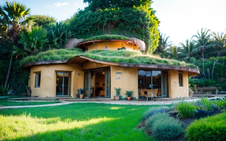 A photograph of a symmetrical contemporary house with (((one waved green roof))) and (((biological pool))) in a tropical backyard, mustard yellow terracota plaster walls (((rustic clay stucco))), ((corner walls rounded)), ((rustic clay plaster)), (((terracotta walls with rounded corners, organic curves))), (((rustic earth plaster, mud))), (((wave-shaped green roof with wooden edge))), (((wooden roof structure, wooden rake, wooden fascia board))), eaves, porch with wooden pillar, ((roof with wooden structure)), In Bali (((Tropical garden))), ((natural houses, organic buildings, organic architecture)), Ecovillage, sustainable architecture, Bioconstruction architecture, solarpunk architecture, (((grass roof, green roof, green wave roof, rounded roof, vegetated roofs))), ((green architecture)), Passive house, (((Rock Foundation))), Clear sky in the background, painful beauty, modern, imposing, green house, ((Bali hobbit Hadid Style)), super resolution, cinematic, color grading, editorial photography, photography, photo shoot, (((dramatic front eye top angle view))), O 50mm, depth of field, intricate details, natural colors, sharp focus, warm light, shutter speed 1/1000, F/22, White Balance, Ray Trace Reflections, Lumen Reflections, Screen Space Reflections, Diffraction Rating, Chromatic Aberration, GB Shift, Partial Lighting, Backlighting, Daylighting, Scan Lines, ambient occlusion, antialiasing, shaders, OpenGL-Shaders, GLSL-Shaders, Post-processing, post-production, shading, tone mapping, incredibly detailed and complex, hypermaximalist, elegant, hyperrealistic, super detailed, dynamic pose, Fujifilm XT