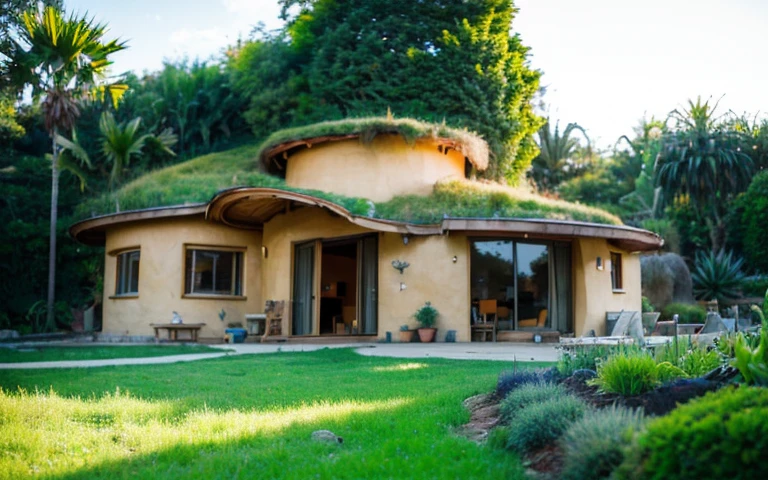 A photograph of a symmetrical contemporary house with (((one waved green roof))) and (((biological pool))) in a tropical backyard, mustard yellow terracota plaster walls (((rustic clay stucco))), ((corner walls rounded)), ((rustic clay plaster)), (((terracotta walls with rounded corners, organic curves))), (((rustic earth plaster, mud))), (((wave-shaped green roof with wooden edge))), (((wooden roof structure, wooden rake, wooden fascia board))), eaves, porch with wooden pillar, ((roof with wooden structure)), In Bali (((Tropical garden))), ((natural houses, organic buildings, organic architecture)), Ecovillage, sustainable architecture, Bioconstruction architecture, solarpunk architecture, (((grass roof, green roof, green wave roof, rounded roof, vegetated roofs))), ((green architecture)), Passive house, (((Rock Foundation))), Clear sky in the background, painful beauty, modern, imposing, green house, ((Bali hobbit Hadid Style)), super resolution, cinematic, color grading, editorial photography, photography, photo shoot, (((dramatic front eye top angle view))), O 50mm, depth of field, intricate details, natural colors, sharp focus, warm light, shutter speed 1/1000, F/22, White Balance, Ray Trace Reflections, Lumen Reflections, Screen Space Reflections, Diffraction Rating, Chromatic Aberration, GB Shift, Partial Lighting, Backlighting, Daylighting, Scan Lines, ambient occlusion, antialiasing, shaders, OpenGL-Shaders, GLSL-Shaders, Post-processing, post-production, shading, tone mapping, incredibly detailed and complex, hypermaximalist, elegant, hyperrealistic, super detailed, dynamic pose, Fujifilm XT