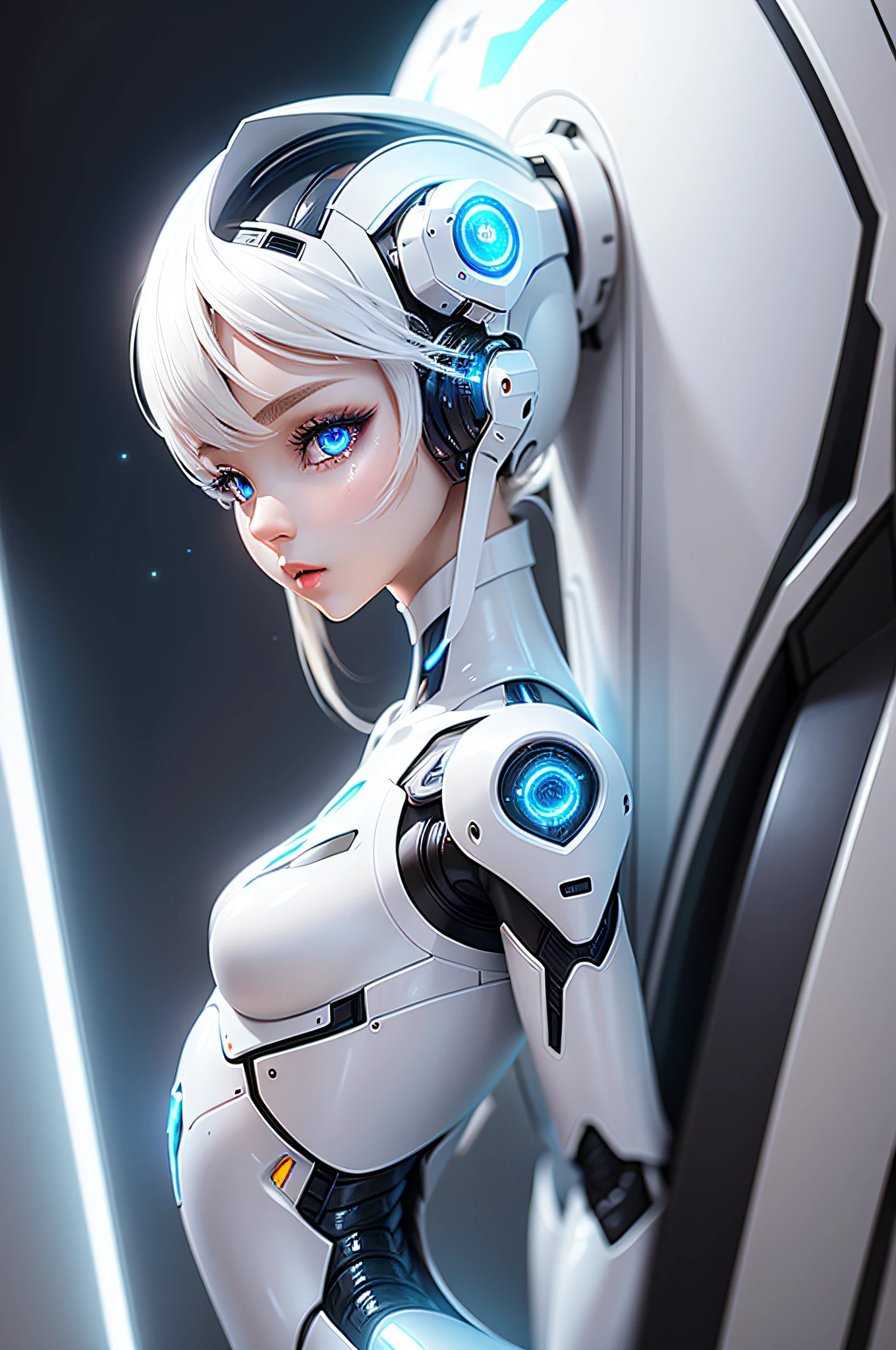 Humanoid robot made of white ceramic, long sexy girls, Luminous details, cyber detailing,  huge sparkling detailed eyes, small mouth, elegance, overdetalization, hyper realisitc