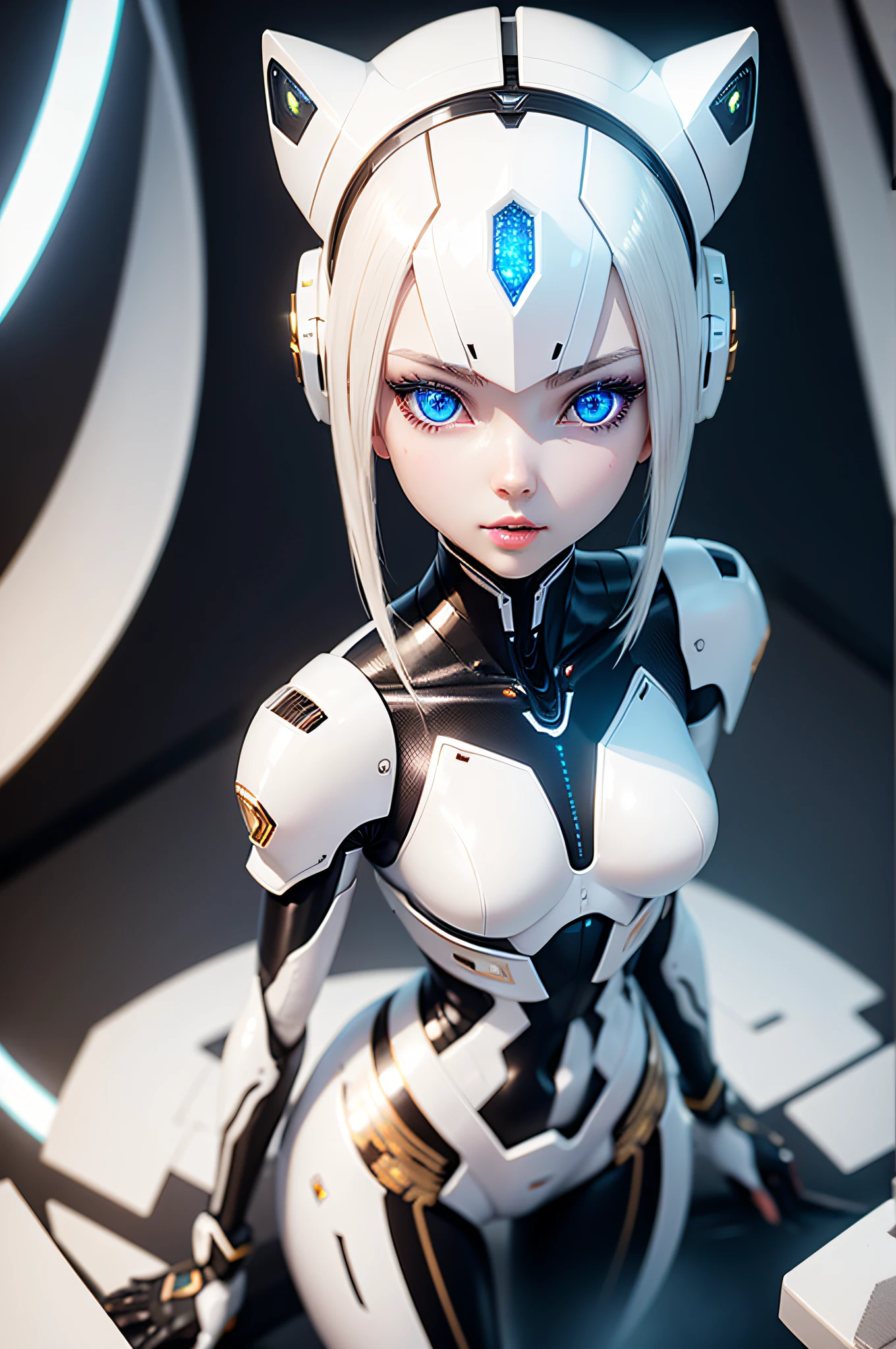 Humanoid robot made of white ceramic, long sexy girls, Luminous details, cyber detailing,  huge sparkling detailed eyes, small mouth, elegance, overdetalization, hyper realisitc