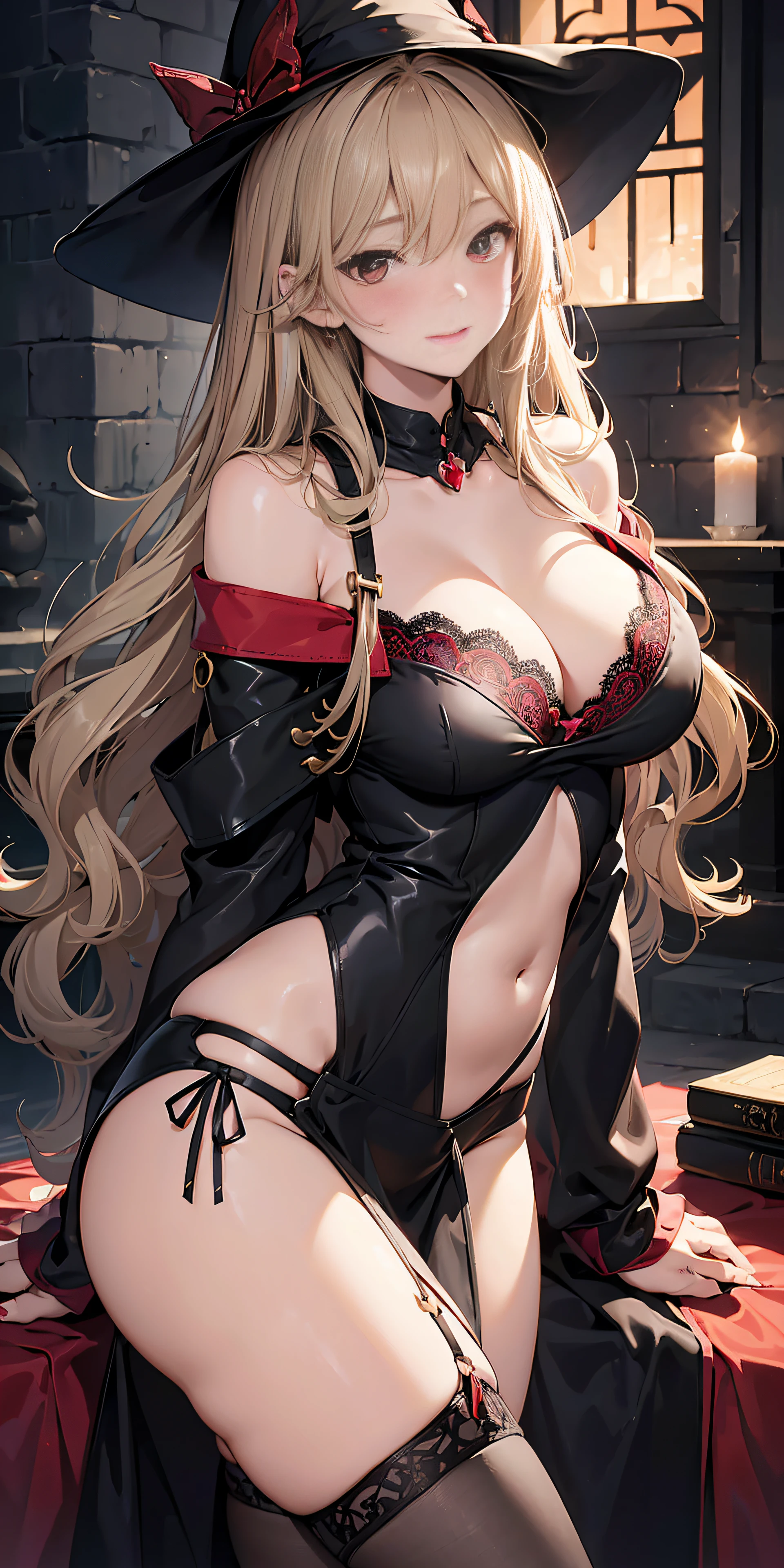 Adult Woman, Sexy Witch Cosplay, Long dark blonde wavy hair、off-shoulder knit, (Black Mini Pencil Skirt), Big hat、Medium milk, Blushing, Shy laughter, Bare shoulders、(Pose to lean forward and emphasize the chest)、(turned around)、sexy hips、sexy black and red bra、((black and red lace panties))、Red high heels、Luxurious magic wand and book、Church of the castle、sexy pose、Emphasize ass、((buttocks visible))、((embarassed expression))