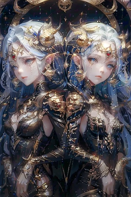 (Same character, front, side, back), (full body); 3d; cute; 3d toy art; toy art; anime style; glitter; horoscope sign Gemini; Twins details; ♊ symbol;