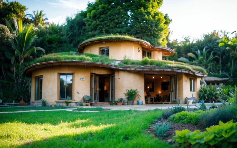 A photograph of a symmetrical contemporary house with (((one waved green roof))) and (((biological pool))) in a tropical backyard, mustard yellow terracota plaster walls (((rustic clay stucco))), ((corner walls rounded)), ((rustic clay plaster)), (((terracotta walls with rounded corners, organic curves))), (((rustic earth plaster, mud))), (((wave-shaped green roof with wooden edge))), (((wooden roof structure, wooden rake, wooden fascia board))), eaves, porch with wooden pillar, ((roof with wooden structure)), In Bali (((Tropical garden))), ((natural houses, organic buildings, organic architecture)), Ecovillage, sustainable architecture, Bioconstruction architecture, solarpunk architecture, (((grass roof, green roof, green wave roof, rounded roof, vegetated roofs))), ((green architecture)), Passive house, (((Rock Foundation))), Clear sky in the background, painful beauty, modern, imposing, green house, ((Bali hobbit Hadid Style)), super resolution, cinematic, color grading, editorial photography, photography, photo shoot, (((dramatic front eye top angle view))), O 50mm, depth of field, intricate details, natural colors, sharp focus, warm light, shutter speed 1/1000, F/22, White Balance, Ray Trace Reflections, Lumen Reflections, Screen Space Reflections, Diffraction Rating, Chromatic Aberration, GB Shift, Partial Lighting, Backlighting, Daylighting, Scan Lines, ambient occlusion, antialiasing, shaders, OpenGL-Shaders, GLSL-Shaders, Post-processing, post-production, shading, tone mapping, incredibly detailed and complex, hypermaximalist, elegant, hyperrealistic, super detailed, dynamic pose, Fujifilm XT