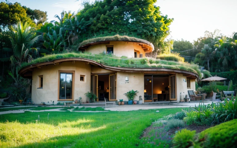 A photograph of a symmetrical contemporary house with (((one waved green roof))) and (((biological pool))) in a tropical backyard, mustard yellow terracota plaster walls (((rustic clay stucco))), ((corner walls rounded)), ((rustic clay plaster)), (((terracotta walls with rounded corners, organic curves))), (((rustic earth plaster, mud))), (((wave-shaped green roof with wooden edge))), (((wooden roof structure, wooden rake, wooden fascia board))), eaves, porch with wooden pillar, ((roof with wooden structure)), In Bali (((Tropical garden))), ((natural houses, organic buildings, organic architecture)), Ecovillage, sustainable architecture, Bioconstruction architecture, solarpunk architecture, (((grass roof, green roof, green wave roof, rounded roof, vegetated roofs))), ((green architecture)), Passive house, (((Rock Foundation))), Clear sky in the background, painful beauty, modern, imposing, green house, ((Bali hobbit Hadid Style)), super resolution, cinematic, color grading, editorial photography, photography, photo shoot, (((dramatic front eye top angle view))), O 50mm, depth of field, intricate details, natural colors, sharp focus, warm light, shutter speed 1/1000, F/22, White Balance, Ray Trace Reflections, Lumen Reflections, Screen Space Reflections, Diffraction Rating, Chromatic Aberration, GB Shift, Partial Lighting, Backlighting, Daylighting, Scan Lines, ambient occlusion, antialiasing, shaders, OpenGL-Shaders, GLSL-Shaders, Post-processing, post-production, shading, tone mapping, incredibly detailed and complex, hypermaximalist, elegant, hyperrealistic, super detailed, dynamic pose, Fujifilm XT