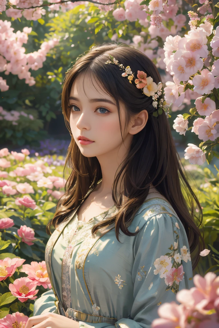 A detailed girl with beautiful eyes and lips, in a garden full of vibrant flowers and lush greenery. The girl is standing gracefully, wearing a flowing dress that matches the colors of the flowers around her. The sunlight spills through the tree branches, casting soft and warm rays on her face and creating a dreamy atmosphere. Her eyes are sparkling with life, and her long eyelashes frame them perfectly. The painting style is a mixture of classical oil painting and contemporary digital art, resulting in a stunning blend of realism and artistic interpretation. The colors are vivid and rich, with a warm color palette that emphasizes the natural beauty of the scene. Every detail is meticulously captured, from the delicate texture of the flowers to the intricate patterns on the girl's dress. The overall composition is balanced and harmonious, inviting viewers to immerse themselves in this enchanting garden.