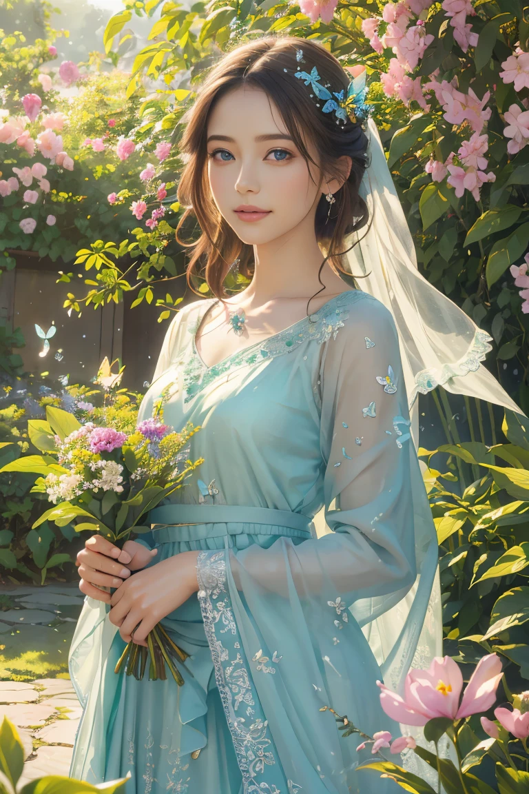(high quality,vivid colors,realistic),(1girl,beautiful detailed eyes:1.1,beautiful detailed lips:1.1),garden,vibrant flowers,lush greenery,standing gracefully,flowing dress,light breeze,captivating smile,peaceful atmosphere,sunlit,aesthetic,harmonious composition,soft lighting,majestic trees,birds chirping,rays of sunlight streaming through the leaves,colorful butterflies,dewdrops on petals,serene expression,gentle shadows,realistic textures,delicate details,feminine beauty,subtle makeup,natural light,tranquil setting,blissful,scenic view,serenity,relaxing,harmonious color palette.