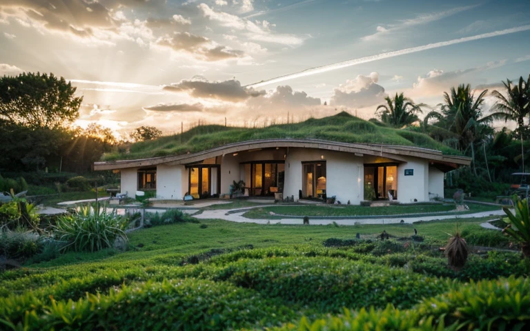 A photograph of a symmetrical contemporary house with (((green roof))) and (((biological pool))) in a tropical backyard, white plaster walls (((rustic clay stucco))), ((corner walls rounded)), ((rustic clay plaster)), (((white walls with rounded corners, organic curves))), (((rustic earth plaster, mud))), (((wave-shaped green roof with wooden edge))), (((wooden roof structure, wooden rake, wooden fascia board))), eaves, porch with wooden pillar, ((roof with wooden structure)), In Bali (((Tropical garden))) , ((natural houses, organic buildings, organic architecture)), Ecovillage, sustainable architecture, Bioconstruction, solarpunk architecture, (((grass roof, green roof, green wave roof, rounded roof, vegetated roofs))), ( (green architecture)), Passive house, (((Rock Foundation))), Clear sky in the background, painful beauty, modern, imposing, green house, ((Bali Hadid Style)), super resolution, cinematic, color grading , editorial photography, photography, photo shoot, (((dramatic front eye top angle view))), O 50mm, depth of field, intricate details, natural colors, sharp focus, warm light, shutter speed 1/1000 , F/22 , White Balance, Ray Trace Reflections, Lumen Reflections, Screen Space Reflections, Diffraction Rating, Chromatic Aberration, GB Shift, Partial Lighting, Backlighting, Daylighting, Scan Lines, ambient occlusion, antialiasing, shaders, OpenGL-Shaders, GLSL-Shaders, Post-processing, post-production, shading, tone mapping, incredibly detailed and complex, hypermaximalist, elegant, hyperrealistic, super detailed, dynamic pose, Fujifilm XT3