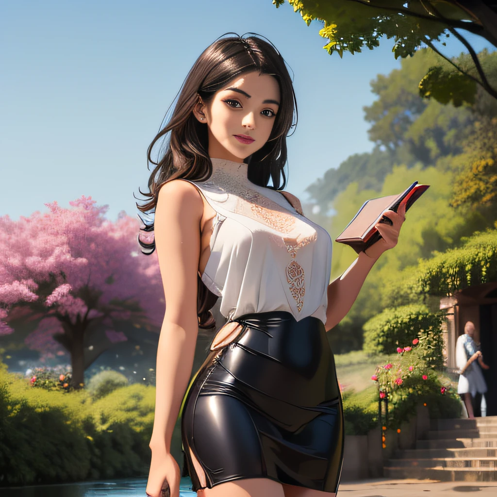 (Extremely detailed 8k wallpaper:2), (photo:2), (26 years old soigne Beautiful girl:2), (gives a lecture to friends:2), detailed (Face and eyes), (hyper realistic:1), (highly detailed:1), (epic realistic:1), rim light, (maximum details:1), cozy, (fullbody:1.3), (looking at viewer:2), (Woman's Attractive Qualities:2), (Attractive Woman:2), (Attractive:2), Smile, Intelligence, Empathy, Gracefulness, Sense of Style, Fitness, Grooming, Optimism, (Sensitivity:2), Sincerity, Romantic Gestures, Playfulness, Fashion Sense, (Sensuality:2), Charm, Modesty, Thoughtfulness, (Femininity:1), Flirtatiousness, Warmth, (Physical attractiveness:2), A beautiful smile, A love of life, strength and power, vulnerability, curiosity, wonder, love, (nature background:2), kawaii, waifu, Beautiful breasts, (attractive body:2), (Beautiful body:2), Beautiful pose, attractive pose, (Beautiful legs:1.0), (Beautiful clothes:1), (classic clothes:2), (elegant clothes:2), (European clothes:2), detailed clothes, (skirt:1), (blouse:1), (provocative pose)
