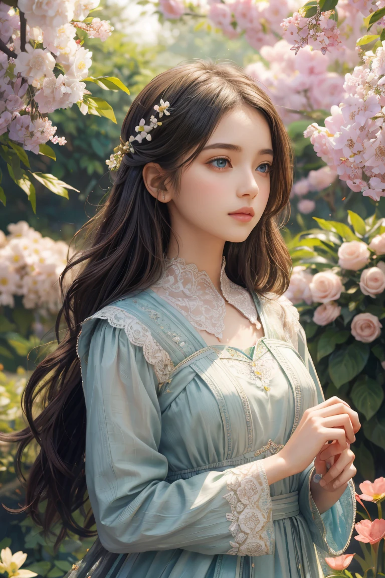 A detailed girl with beautiful eyes and lips, in a garden full of vibrant flowers and lush greenery. The girl is standing gracefully, wearing a flowing dress that matches the colors of the flowers around her. The sunlight spills through the tree branches, casting soft and warm rays on her face and creating a dreamy atmosphere. Her eyes are sparkling with life, and her long eyelashes frame them perfectly. The painting style is a mixture of classical oil painting and contemporary digital art, resulting in a stunning blend of realism and artistic interpretation. The colors are vivid and rich, with a warm color palette that emphasizes the natural beauty of the scene. Every detail is meticulously captured, from the delicate texture of the flowers to the intricate patterns on the girl's dress. The overall composition is balanced and harmonious, inviting viewers to immerse themselves in this enchanting garden.
