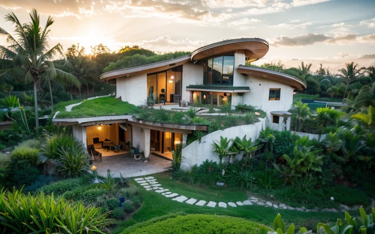 A photograph of a symmetrical contemporary house with (((green roof))) and (((biological pool))) in a tropical backyard, white plaster walls (((rustic clay stucco))), ((corner walls rounded)), ((rustic clay plaster)), (((white walls with rounded corners, organic curves))), (((rustic earth plaster, mud))), (((wave-shaped green roof with wooden edge))), (((wooden roof structure, wooden rake, wooden fascia board))), eaves, porch with wooden pillar, ((roof with wooden structure)), In Bali (((Tropical garden))) , ((natural houses, organic buildings, organic architecture)), Ecovillage, sustainable architecture, Bioconstruction, solarpunk architecture, (((grass roof, green roof, green wave roof, rounded roof, vegetated roofs))), ( (green architecture)), Passive house, (((Rock Foundation))), Clear sky in the background, painful beauty, modern, imposing, green house, ((Bali Hadid Style)), super resolution, cinematic, color grading , editorial photography, photography, photo shoot, (((dramatic front eye top angle view))), O 50mm, depth of field, intricate details, natural colors, sharp focus, warm light, shutter speed 1/1000 , F/22 , White Balance, Ray Trace Reflections, Lumen Reflections, Screen Space Reflections, Diffraction Rating, Chromatic Aberration, GB Shift, Partial Lighting, Backlighting, Daylighting, Scan Lines, ambient occlusion, antialiasing, shaders, OpenGL-Shaders, GLSL-Shaders, Post-processing, post-production, shading, tone mapping, incredibly detailed and complex, hypermaximalist, elegant, hyperrealistic, super detailed, dynamic pose, Fujifilm XT3